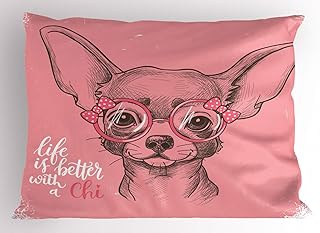 Ambesonne Dog Pillow Sham Set of 2, Girl Chihuahua Sketch Illustration Words Fashion Glasses Ribbons Puppy, Quality Microfiber Bedding Item for All Seasons, 36