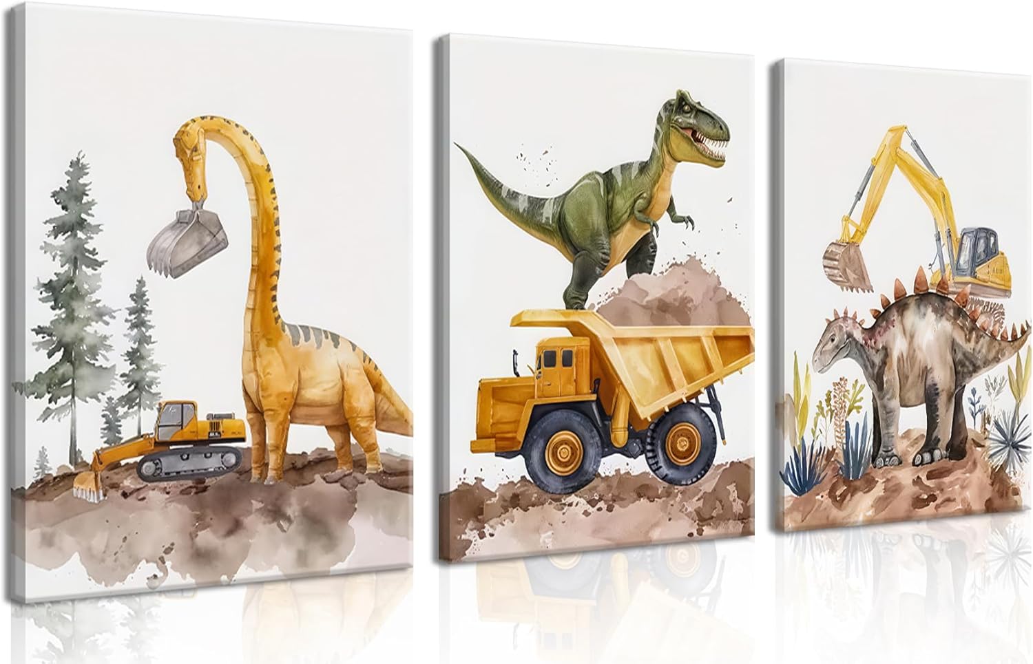 Cute Dinosaur Canvas Wall Art Set of 3, Funny Construction Vehicle Painting for Kids Boys Room, Dinosaur Truck Picture Wall Decor for Playroom Toddler Room Nursery Bedroom 16x24 inch Framed