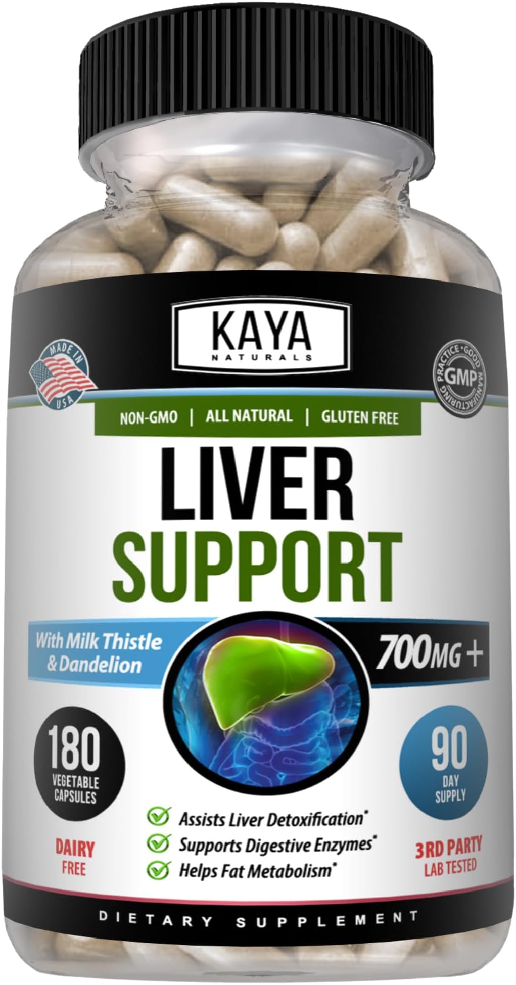 Kaya Naturals Liver Support - Gut Health Supplements for Women and Men - Milk Thistle and Dandelion Root Capsules with Artichoke Extract and Chicory Root 180 Count