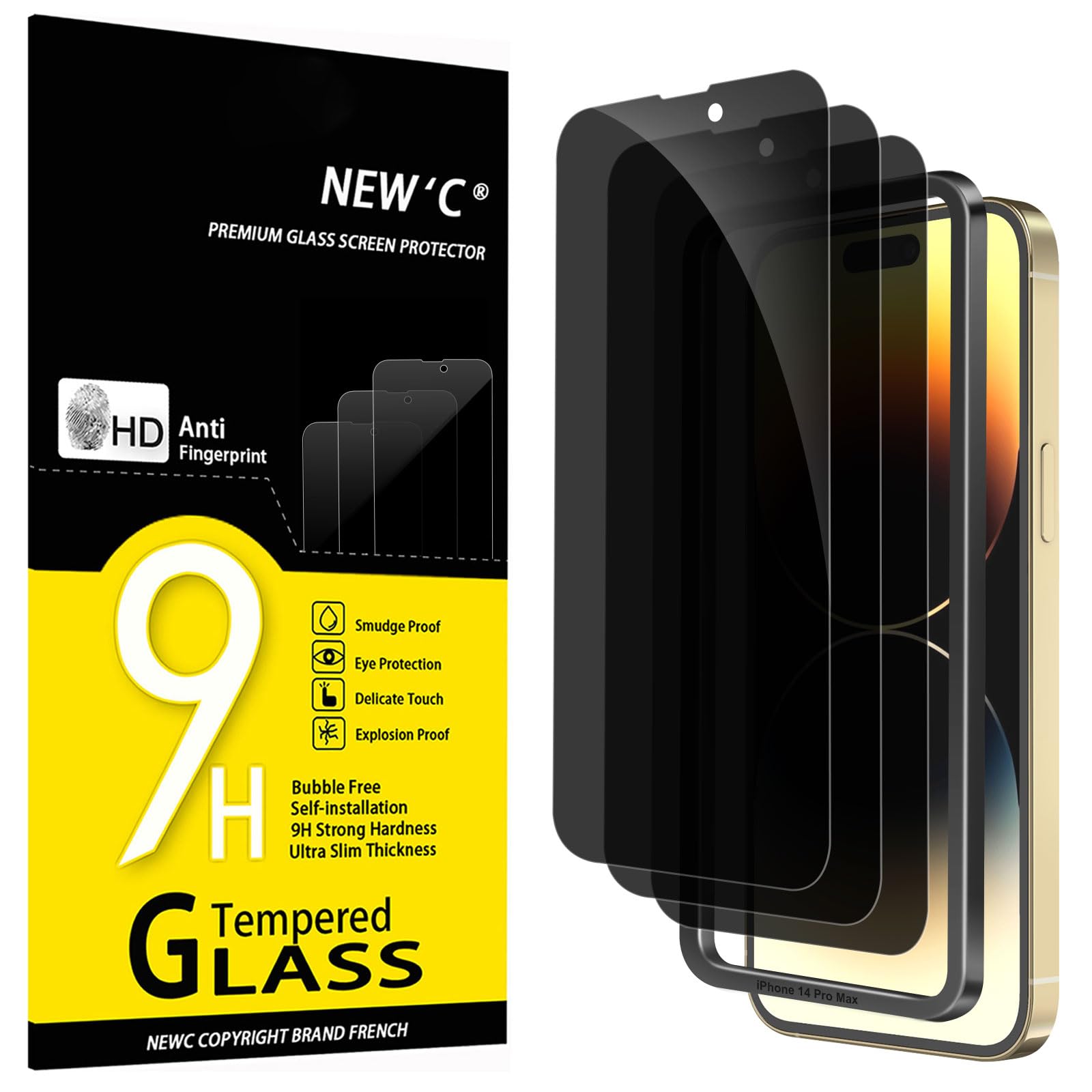 NEW'C 3 Pezzi, Pellicola Protettiva Privacy per iPhone 14 Pro Max (6,7 Pollici) vetro Temperato Anti-Spionaggio, Angolo di Privacy 28 Gradi Migliorato - Strumento di facile installazione incluso