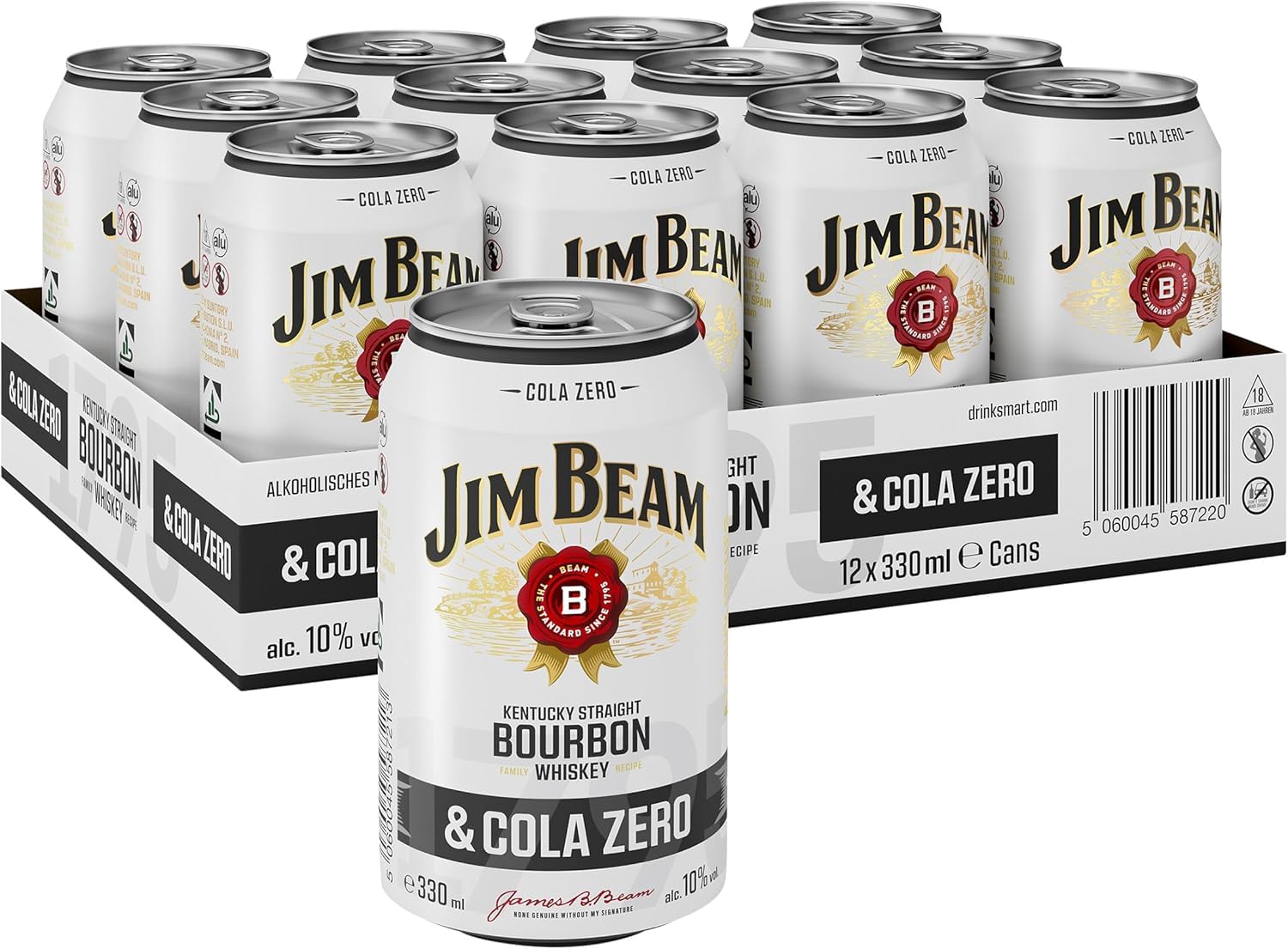 Jim Beam Bourbon & Cola Zero Dose | Kentucky Straight Bourbon Whiskey mit Cola Zero | eine perfekte Mischung | 10% Vol | Einweg, 12 x 330ml