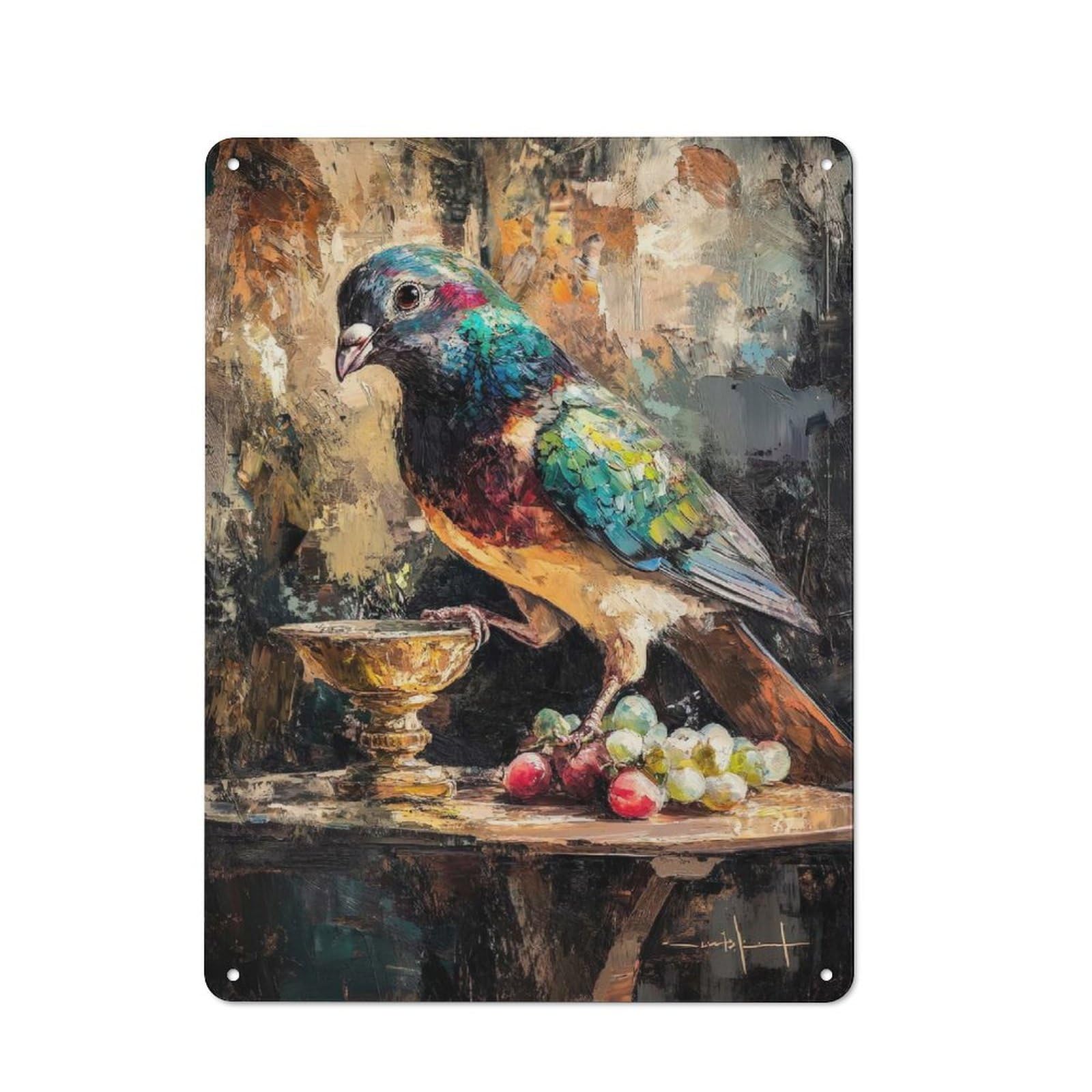 Colorful Bird with Grapes Painting Character Metal Wall Decor 40x30cm, Vintage Metal Sign for Home, Shop, Pub Or Studio Wall