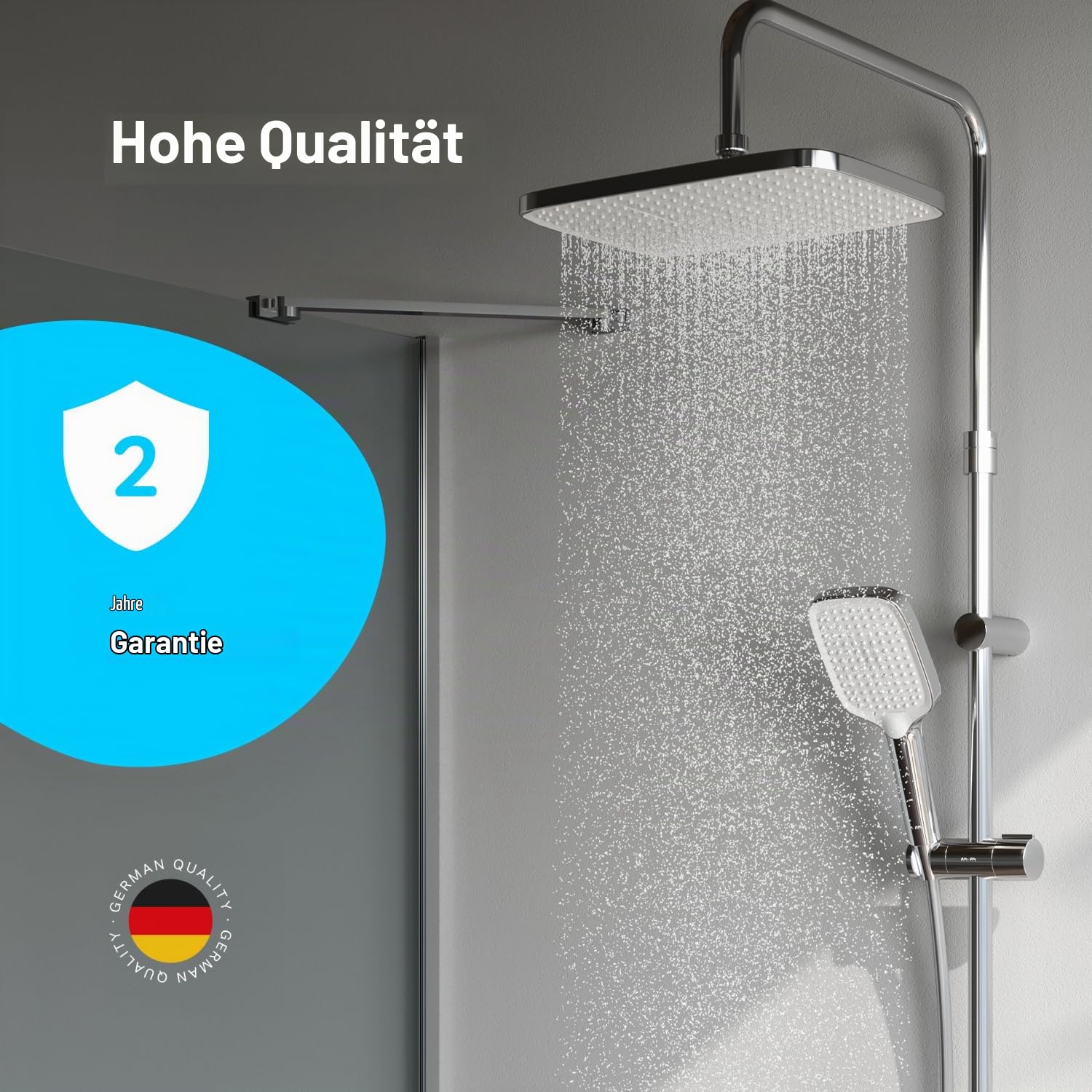 AM.PM Duschset ohne Armatur, Chrom Edelstahl Duschsystem, Wassersparend Regendusche set, Überkopfbrause set, Duschgarnitur, eckige Kopfbrause 21x30cm Func