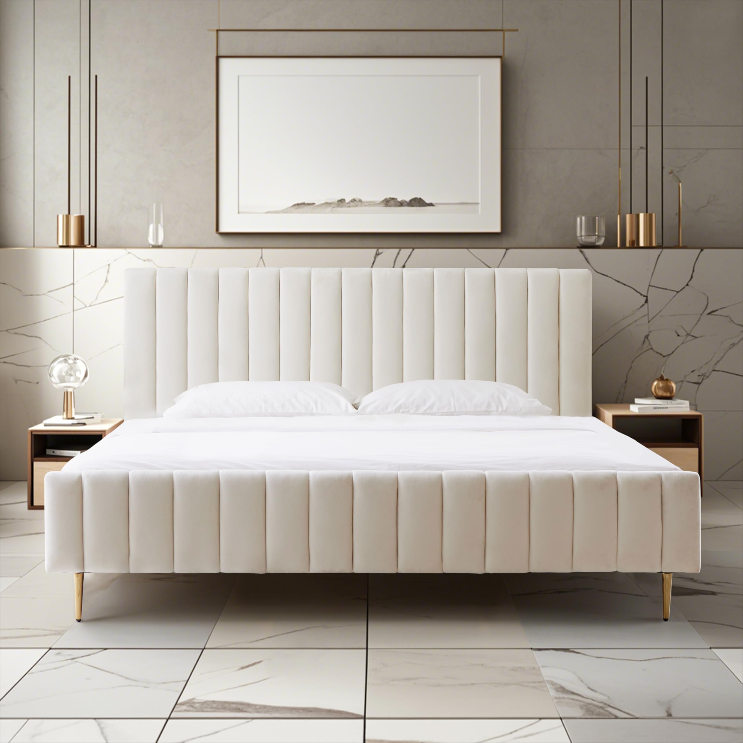 Livinia King Size Elton Velvet Platform Bed, Upholstered Bed Frame with Vertical Channel Tufted Headboard Footboard, Strong Wood Slats, No Box Spring