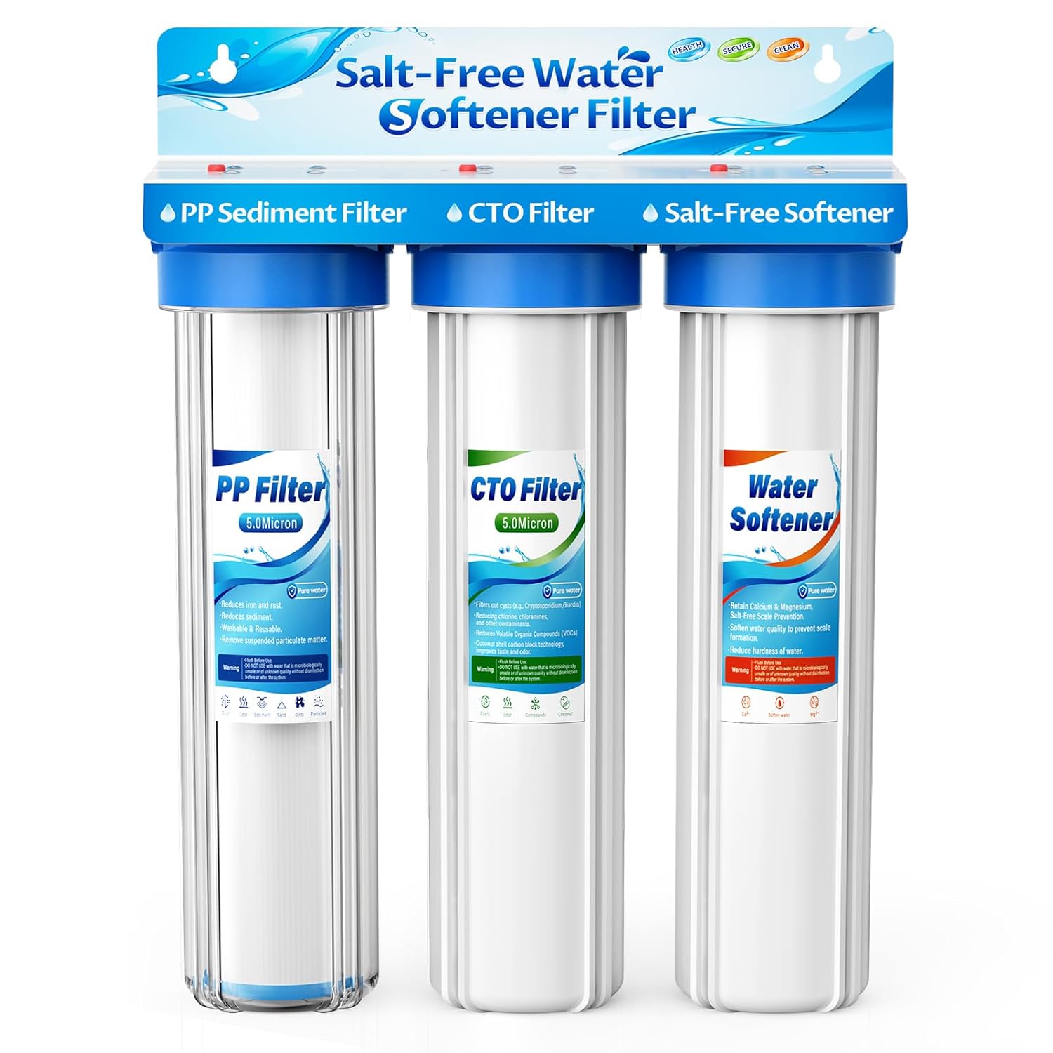 Salt Free Water Softener Systems Whole House, 0.5Micron PP+CTP+Softener Filtration, 3/4" Whole Home Water Softener, Reduces Chlorine, Chemicals, Odors, Prevents Water Scale Buildup,Protects Appliances