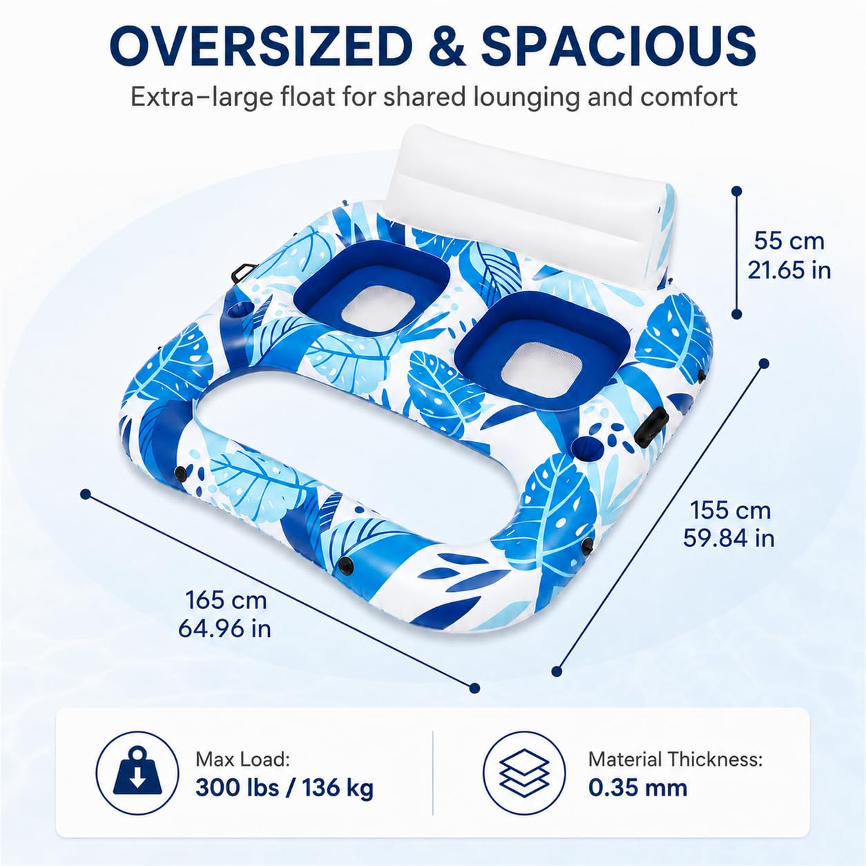 Pool Sessel Aufblasbar für 2 Personen mit Großer Rückenlehne | Schwimminsel Luftmatratze, Getränkehalter, Griff, Für Strand & Schwimmbad, Für Erwachsene