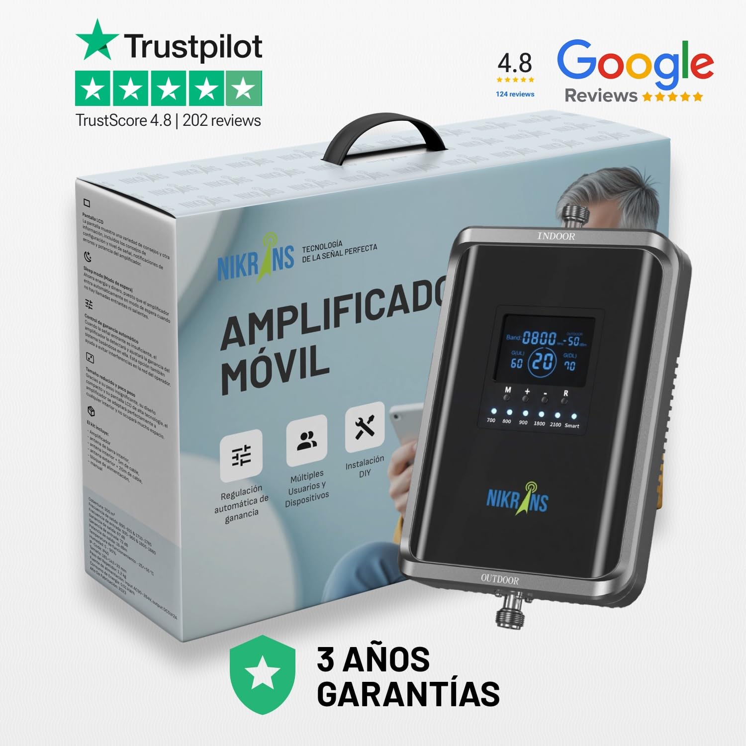 Amplificador de Señal Móvil Bandas 28/20/8/3/1 (700, 800, 900, 1800 y 2100 MHz) – Repetidor GSM/4G/5G para Operadores Españoles: Movistar, Vodafone, Orange, Yoigo, Pepephone, etc.