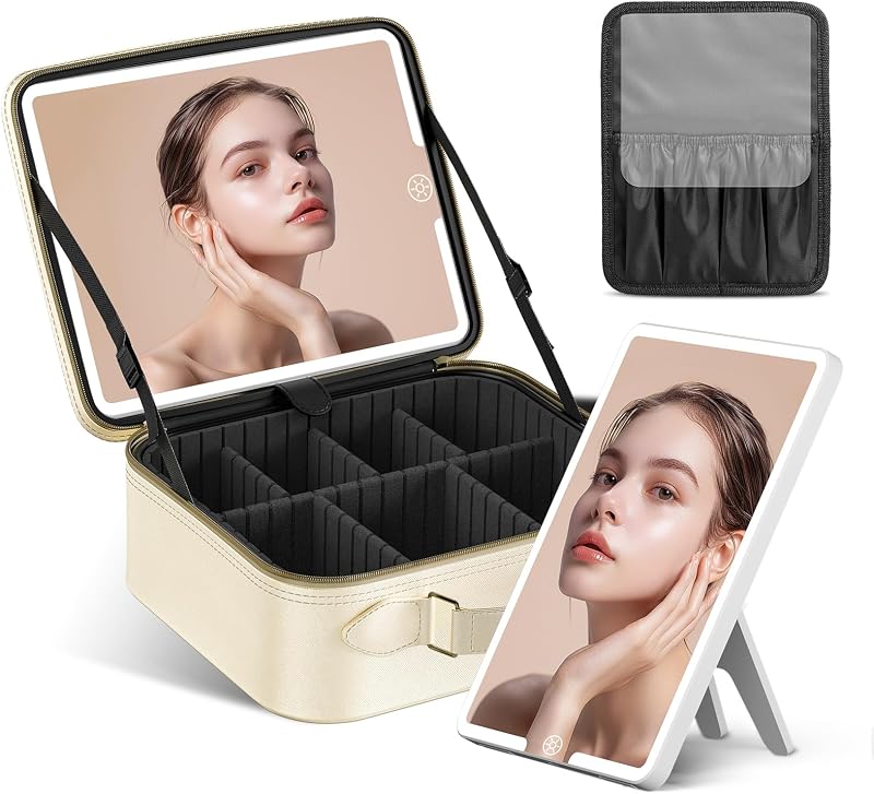Maleta de maquiagem JUSRON com espelho LED, divisórias ajustáveis e porta-pincéis, branca, modelo MR0015