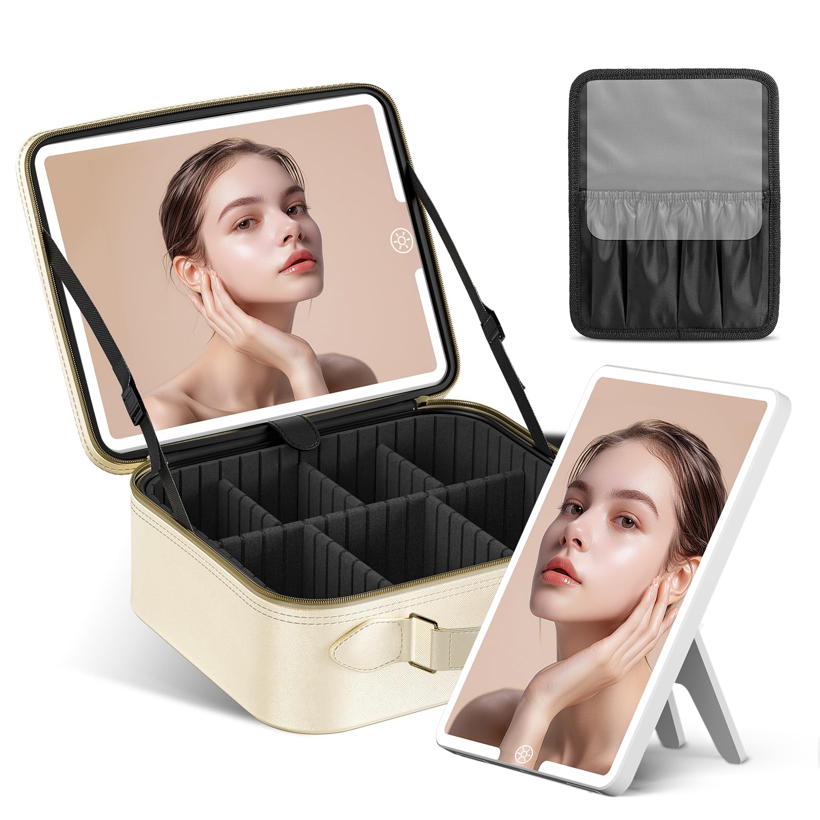JUSRON Trousse de maquillage de voyage avec séparateurs réglables pour cosmétiques, pinceaux de maquillage, articles de toilette, bijoux, accessoires numériques, Blanc avec miroir, Portable et élégant
