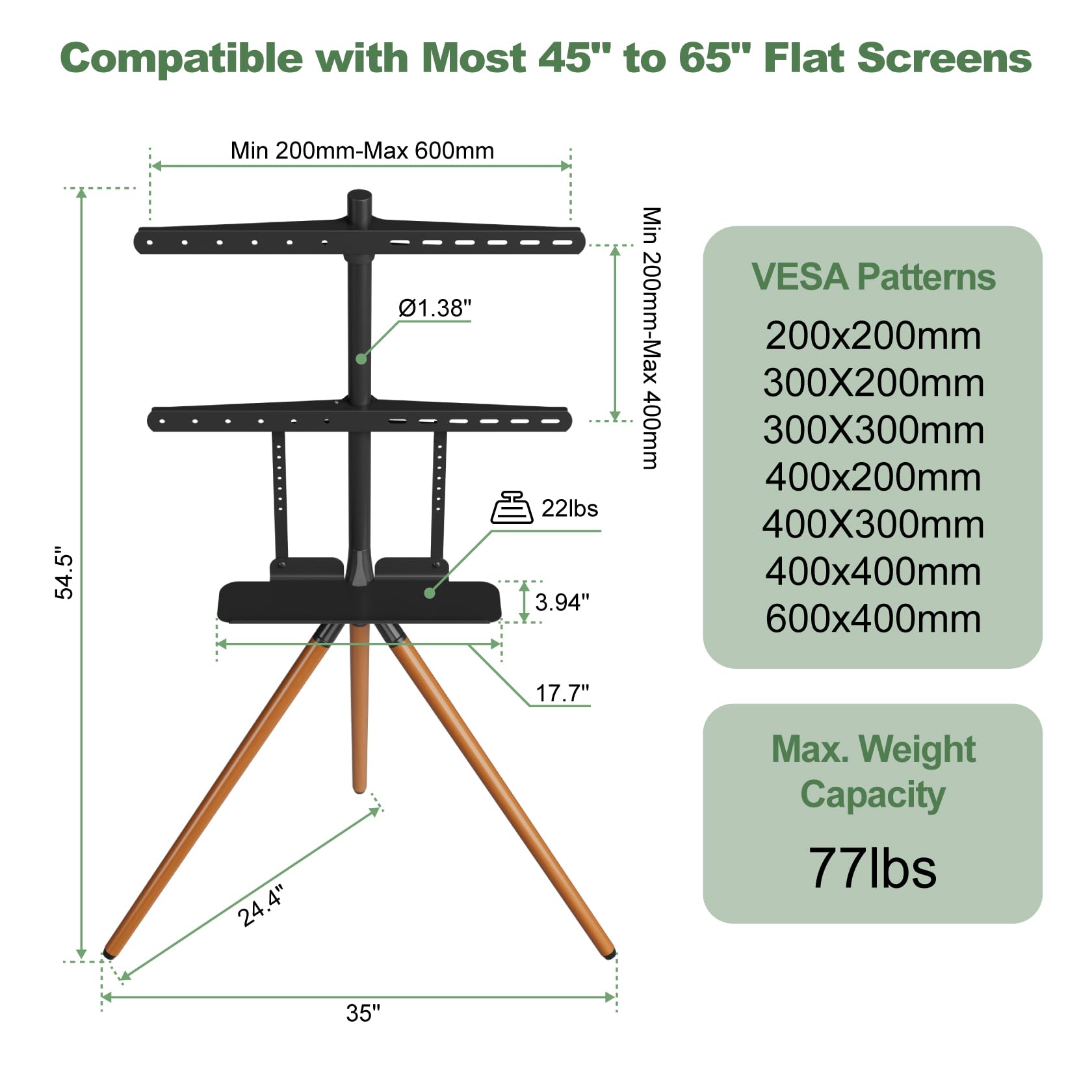 UPGRAVITY Cavalletto per TV a schermo piatto da 45-65", treppiede regolabile in altezza con ripiano soundbar, supporto da pavimento portatile per TV con fascette per cavi, girevole a 180°, max. VESA
