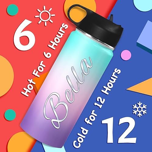 Miniatura 6 de Botella de agua aislada personalizada con asa y tapa de popote para niños, botellas de agua deportivas de acero inoxidable personalizadas de 18