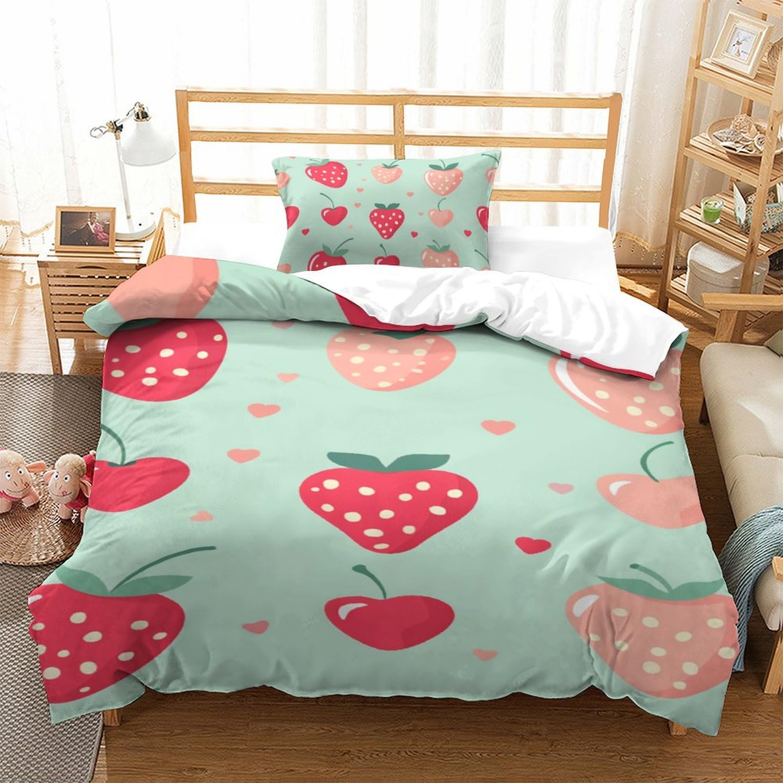 Housse de couette fraises parure de lit microfibre anti-plis 135x200cm
