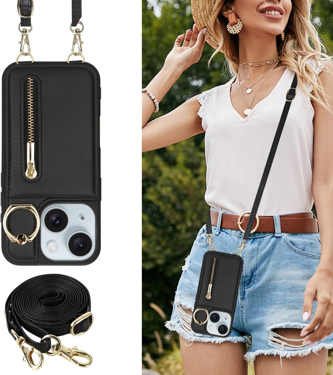 Crossbody Wallet Case for iPhone 13/14 with Lanyard Strap Card Slot Holder RFID Blocking Ring Kickstand,Magnetic Flip Folio Zipper Purse Case, PU Leather Cover Handbag,Black - Image 3