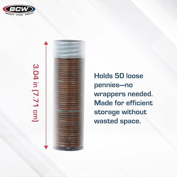 BCW Penny Coin Tubes for US Lincoln Pennies, Airtight Screw Caps, 100 Pack