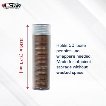 BCW Penny Coin Tubes for US Lincoln Pennies, Airtight Screw Caps, 100 Pack