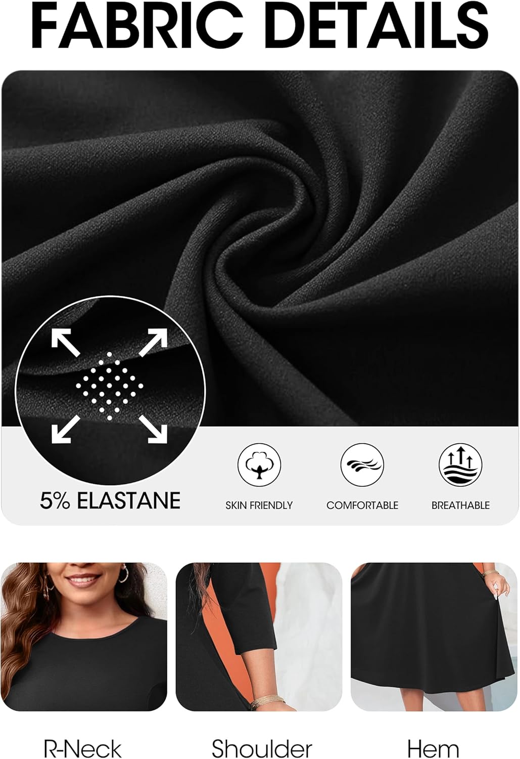 Runwind Women's Plus Size Midi Dress Classy High Waist Wedding Guest Dress Casual Crew Neck 3/4 Sleeve A-Line Swing Dresses - Image 8