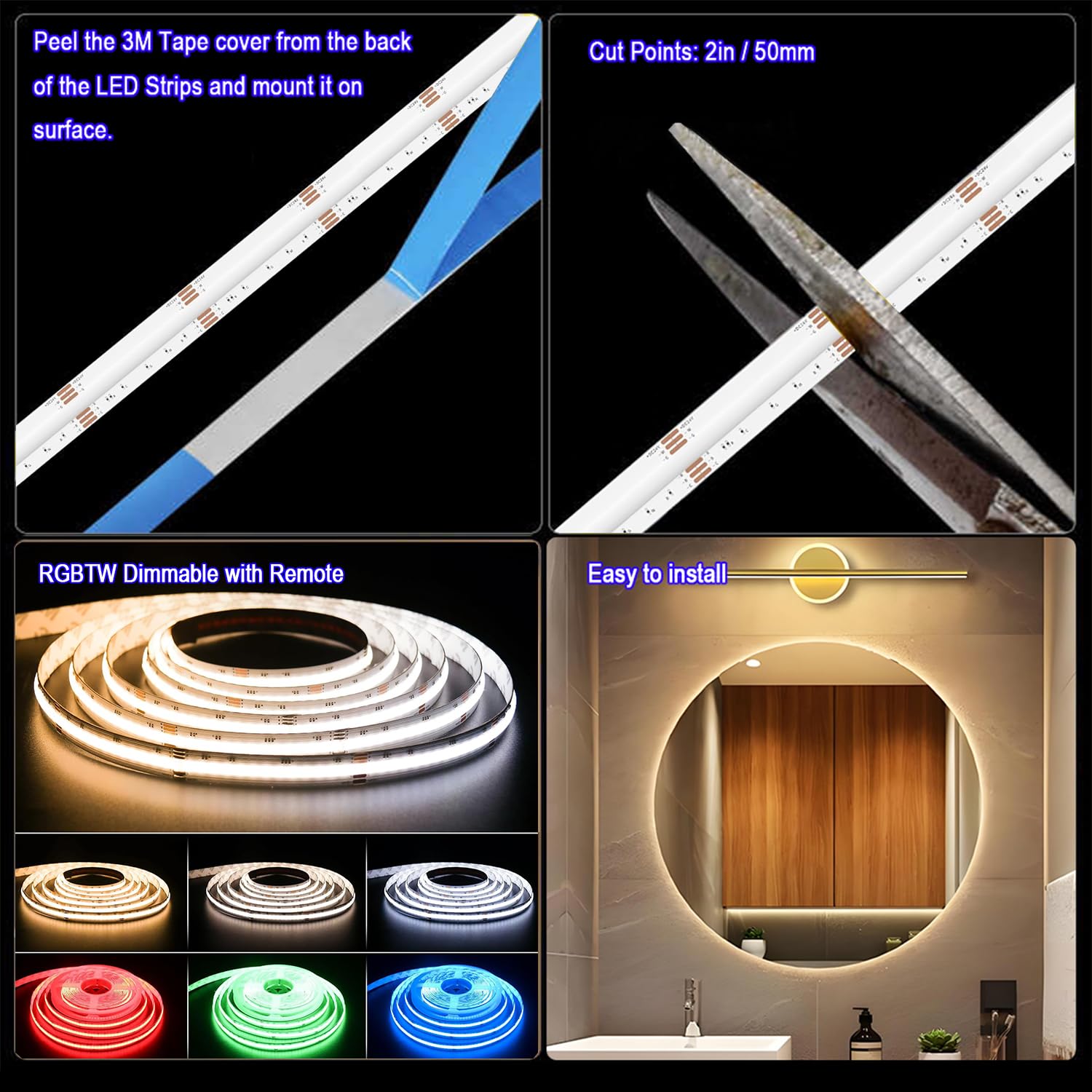 Bande LED COB RGBTW 5 m, RVB + CCT Température de couleur réglable 2700 K - 6500 K, 24 V - Bande lumineuse à changement de couleur pour décoration DIY - Largeur : 12 mm - Avec télécommande et bloc