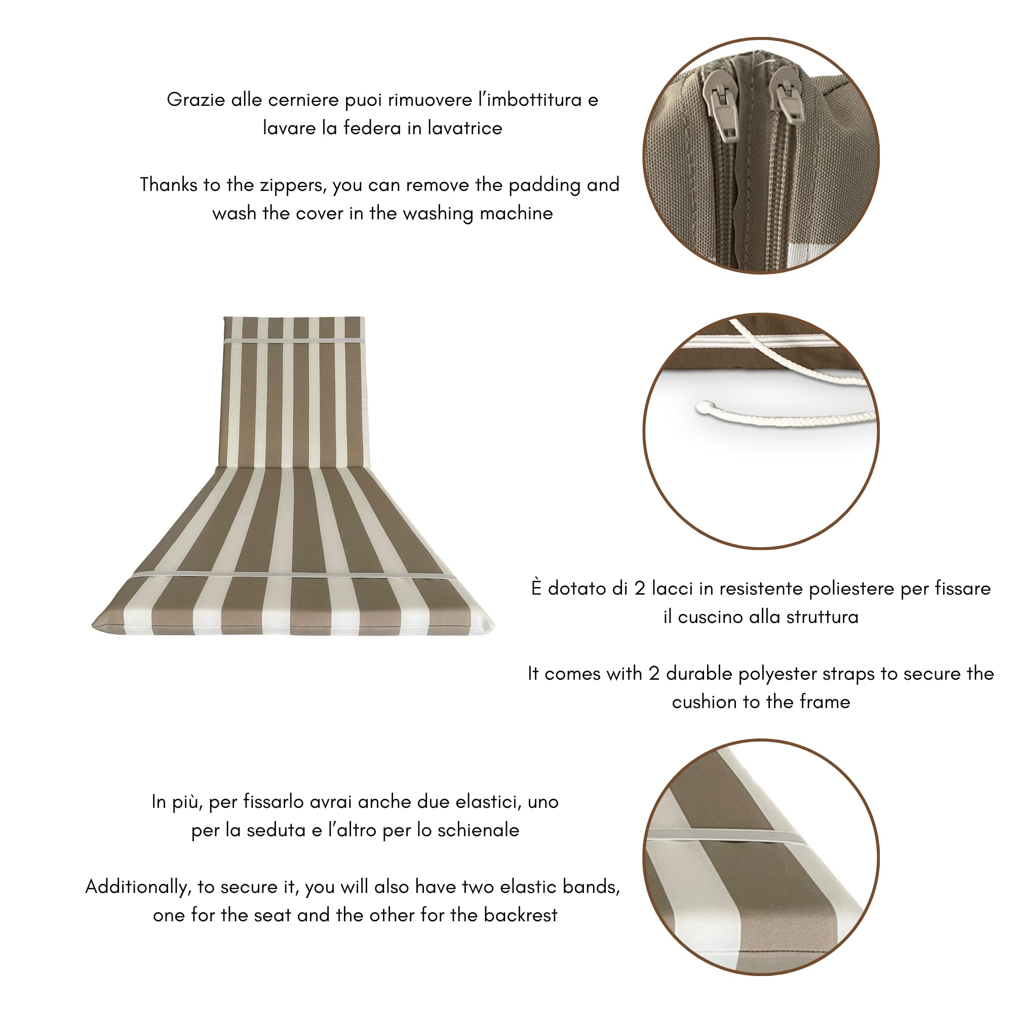 Il Tuo Artigiano Design Cuscino Impermeabile per Lettino prendisole fasciato - 190x60 cm Poliestere Idrorepellente - Cuscino sfoderabile made in Italy (Bianco e beige)