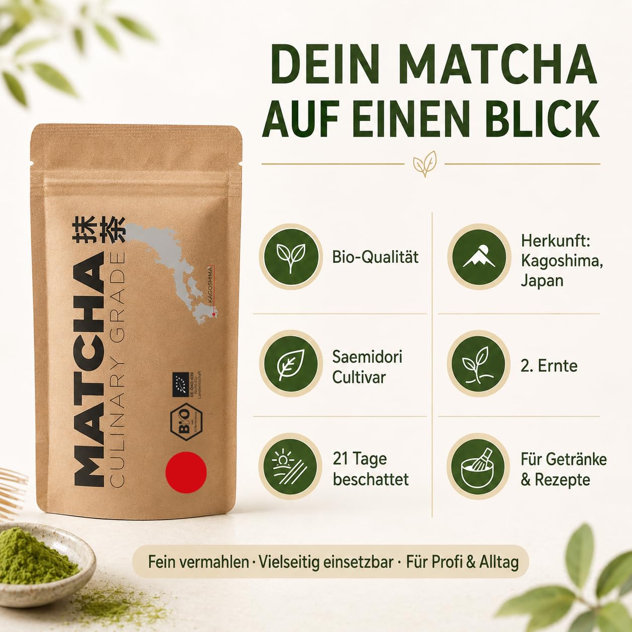 Bio Matcha Pulver Culinary Grade 1000g / 1kg | kulinarisches Grünteepulver als Grosspackung für Gastronomie Café Bäckerei Food Service & Co. | Matcha Latte Smoothies Backen