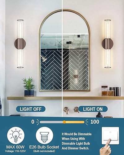 Miniatura 2 de Lámpara de tocador de baño, lámpara de pared de bronce aceitado de 2 luces con vidrio transparente, lámpara de pared de enchufe E26 interior para