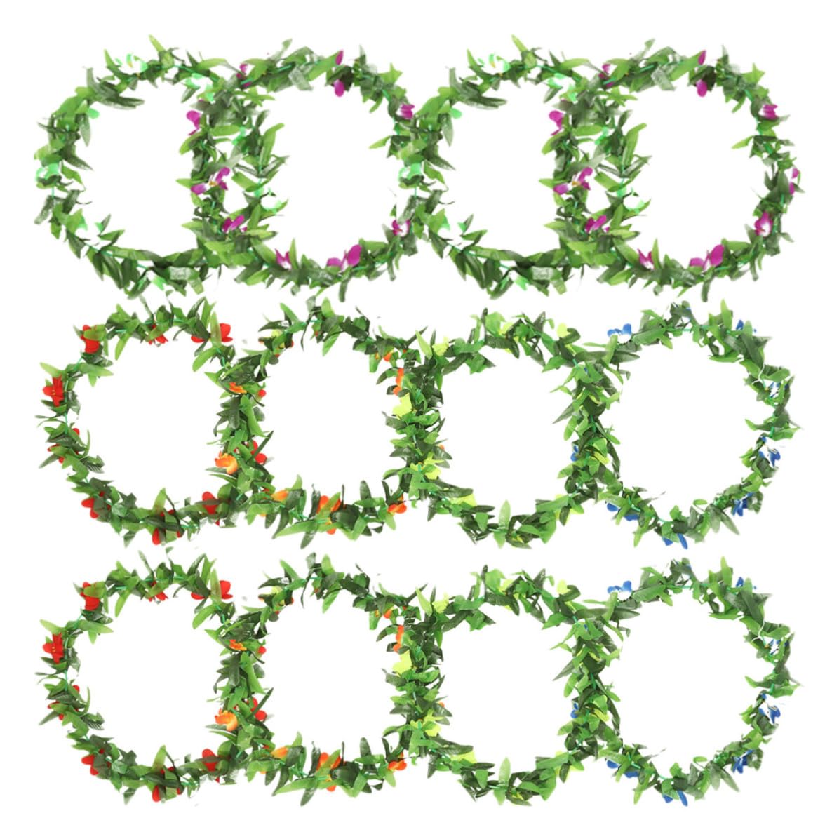 Healvian Juego de 12 Piezas de Collares Hawaianos Flores Vibrantes y Hojas Verdes, Decoracion Fiesta Verano para Celebraciones Tropicales y Hawaianas