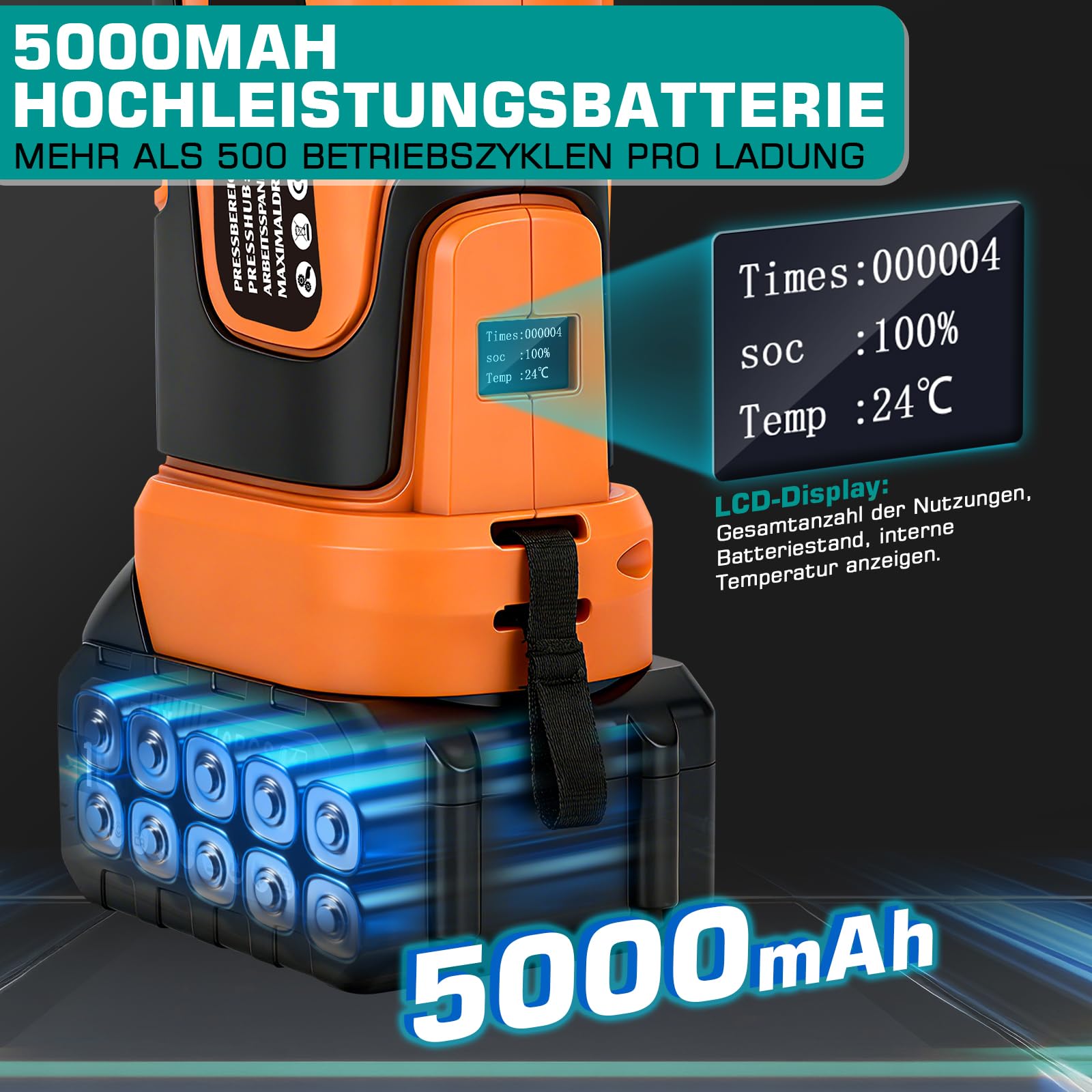 18V Offene Zange Akku Presszangen Set mit 2*Akkus und Schnellladegerät | Akku Rohrpresswerkzeug incl.CR V12 V15 V18 V22 V28 Und TH16 TH20 TH26 TH32 für Kupferrohr,Edelstahlrohr,Verbundrohr Orange