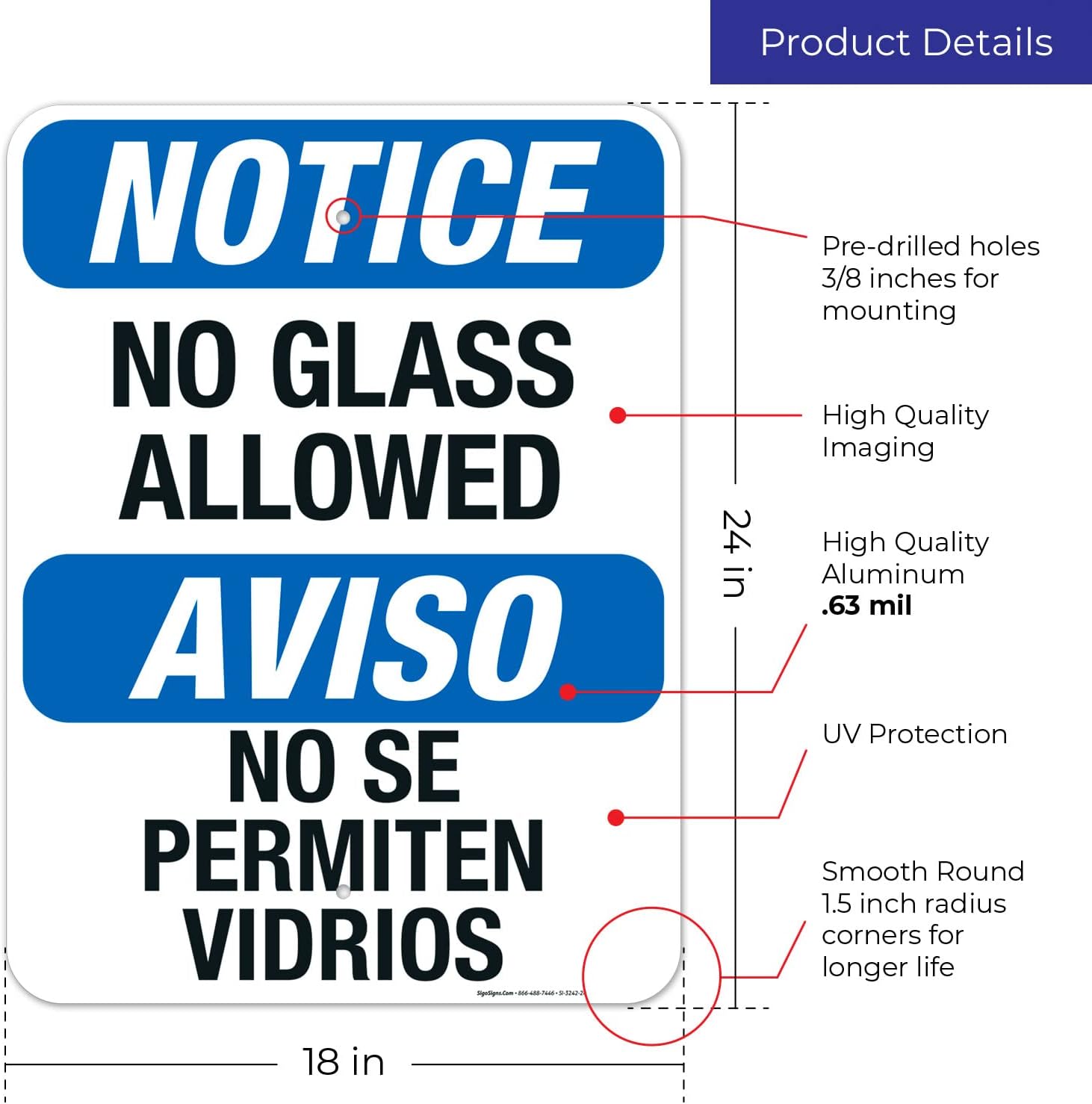 Notice No Glass Allowed Pool Sign, Bilingual Spanish English, 18x24 Inches, Rust Free .063 Aluminum, Fade Resistant, Easy Mounting, Indoor/Outdoor Use, Made in USA