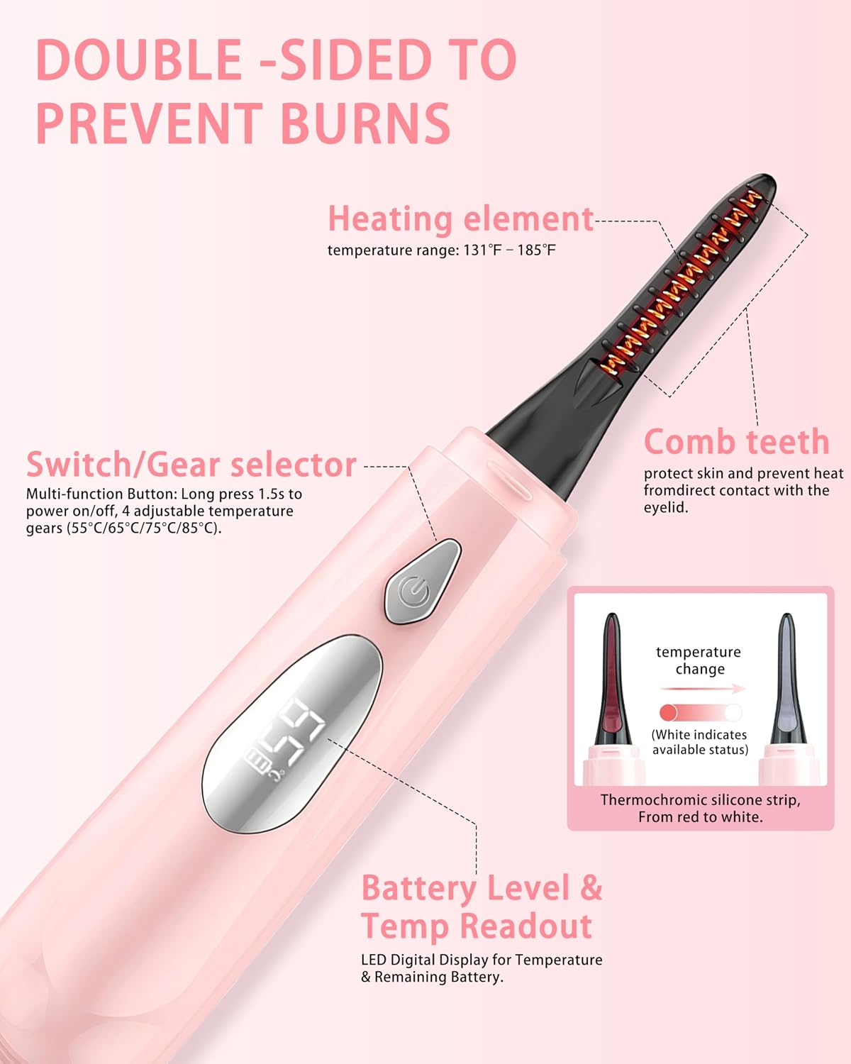 Heated Eyelash Curler for Women - 10s Fast Heating, 4 Adjustable Temp (131℉ - 185℉), LED Display, 24H Long-Lasting Curling Eye Lash Curler, Ergonomic Design, Travel-Friendly Makeup Tool Gift, Pink