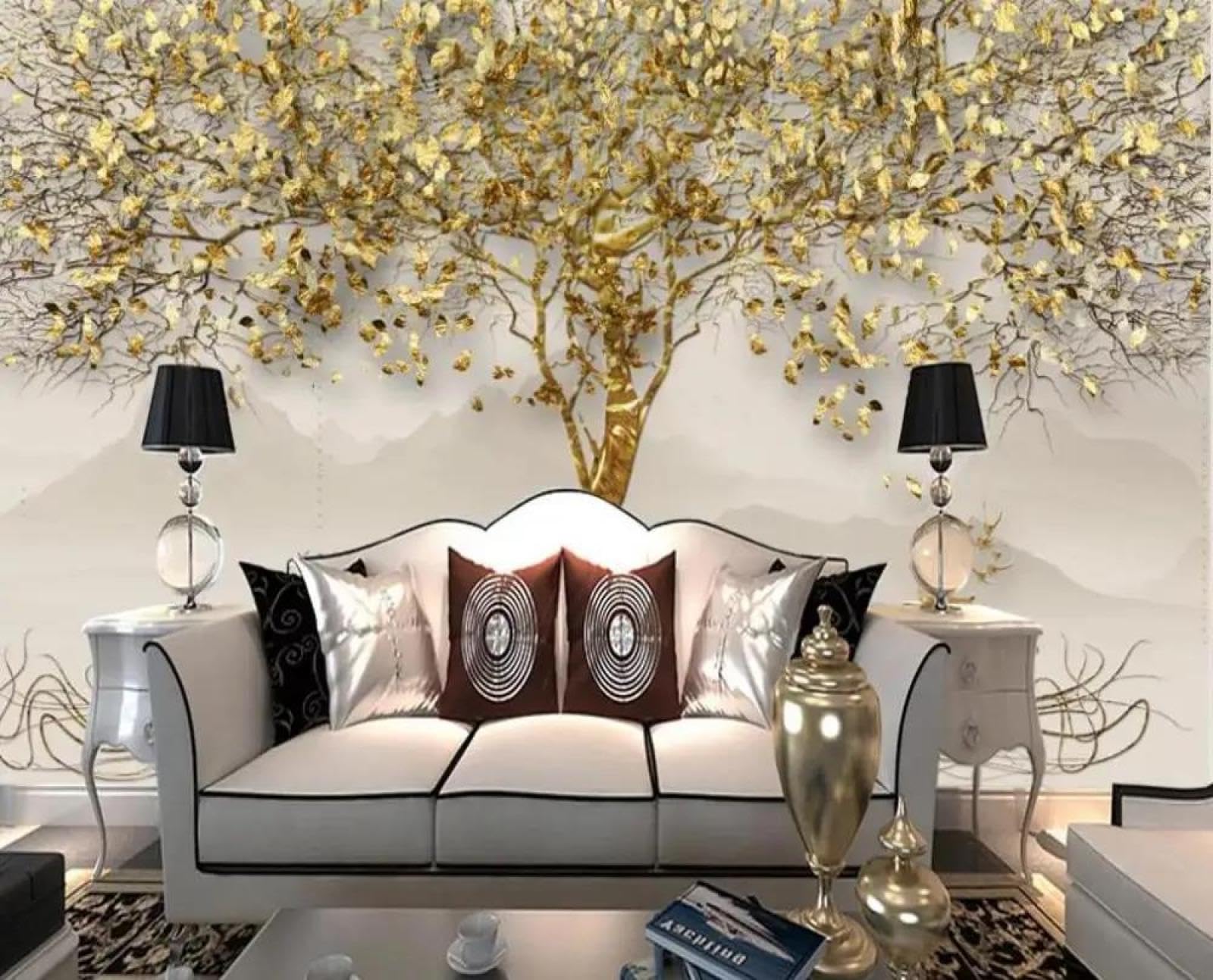 Arbre doré papier peint 3D ILIYA intissé haut de gamme pour chambre