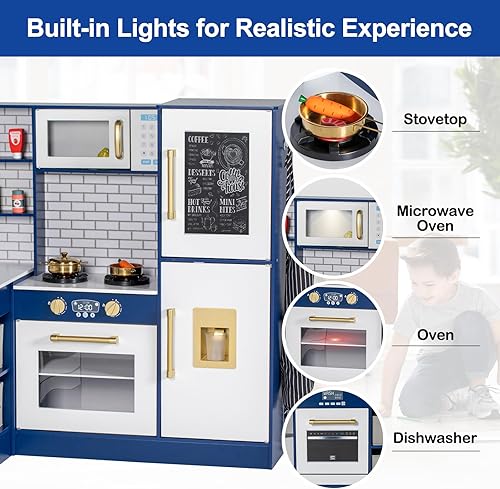 Miniatura 3 de Cocina de esquina para niños, juego de cocina de madera para niños pequeños con grifo, fregadero, microondas, horno, delantal, pizarra, gabinetes,