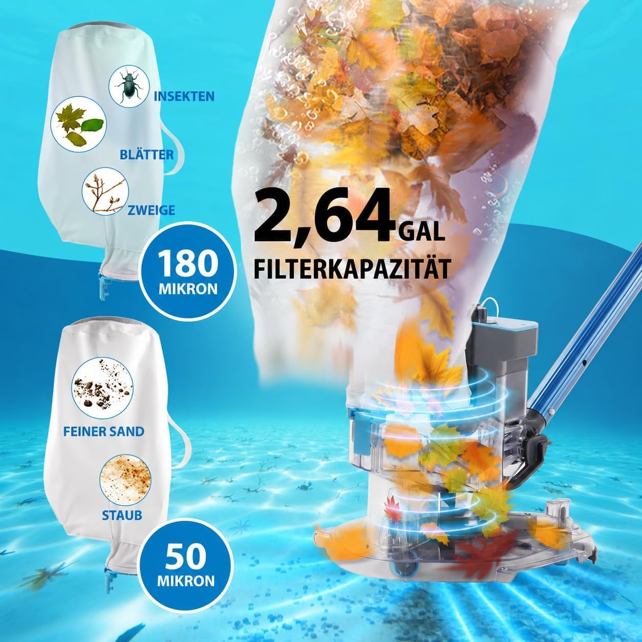 Poolstaubsauger Kabellos, 6800 L/h, Boden & Oberfläche | Wiederaufladbar mit zwei Filterbeuteln; reinigt tiefe, flache und Oberflächenbereiche in Aufstell- und Einbaupools.