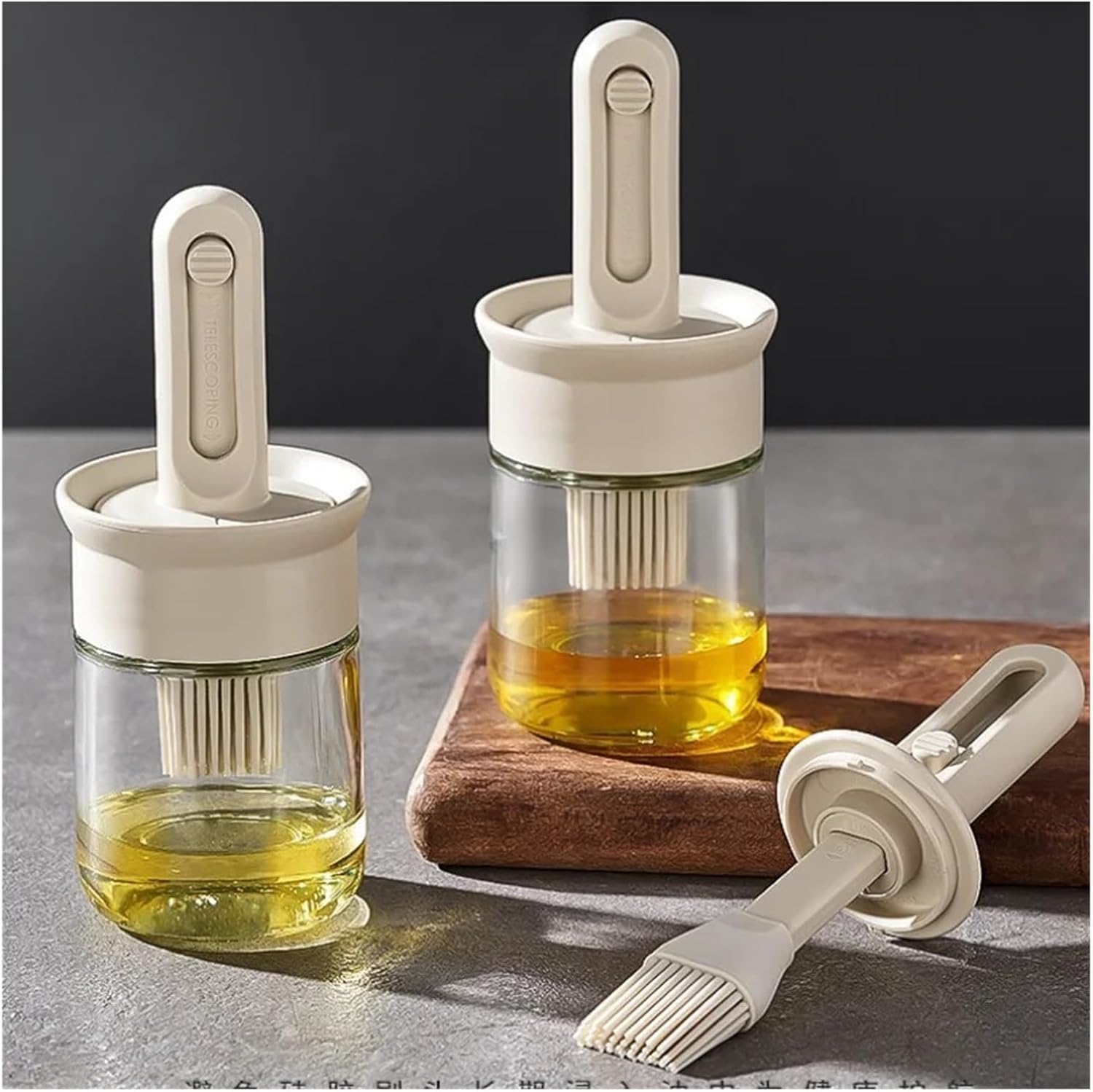 Kitchen Silicone Brush And Glass Oil Bottle Set, High Temperature Resistant, Retractable, Baking Supplies(WHITE)