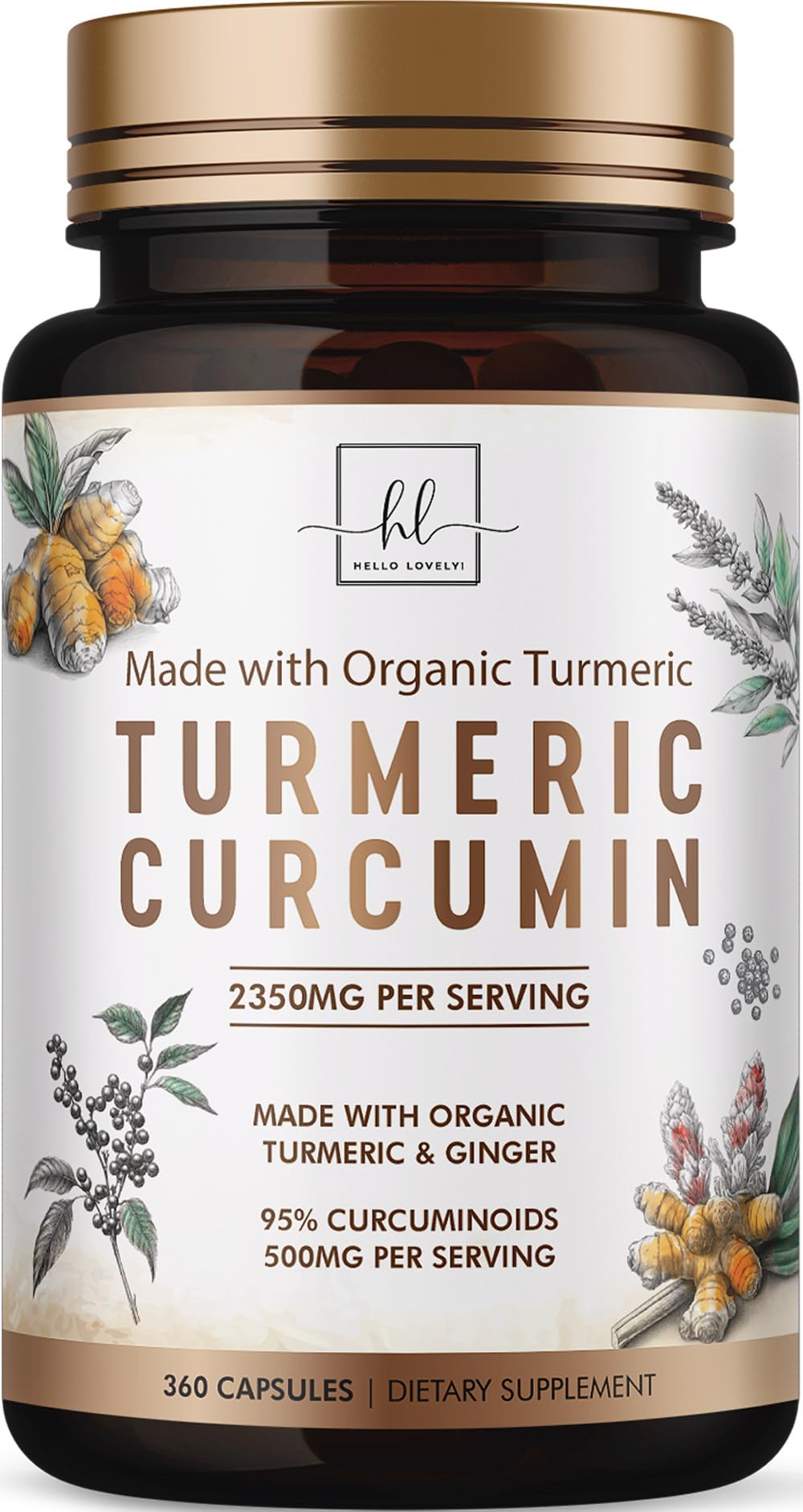 Turmeric Curcumin Supplement with 95% Curcuminoids, Organic Turmeric & Ginger 1750mg, BioPerine Black Pepper for Best Absorption, Nature's Vegan Joint Support, Non-GMO, Bottled in USA - 360 Capsules 360 Count (Pack of 1)