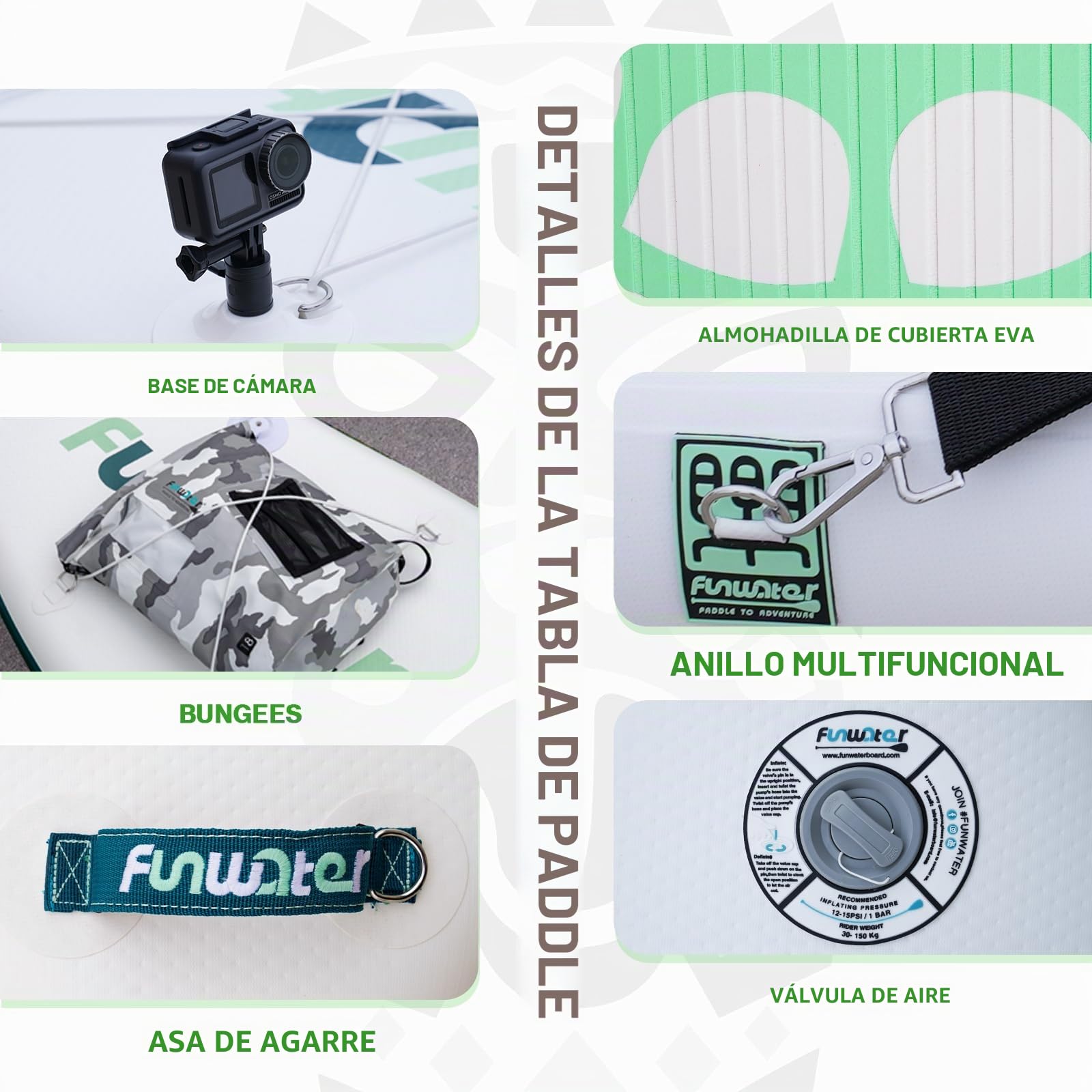 FunWater Tabla de Surf Hinchable de pie para Tabla de Surf Sup, Accesorios de Remo Ajustable, Bomba, Mochila de Viaje ISUP, Correa, Bolsa Impermeable, Tabla de Paddle para Adultos