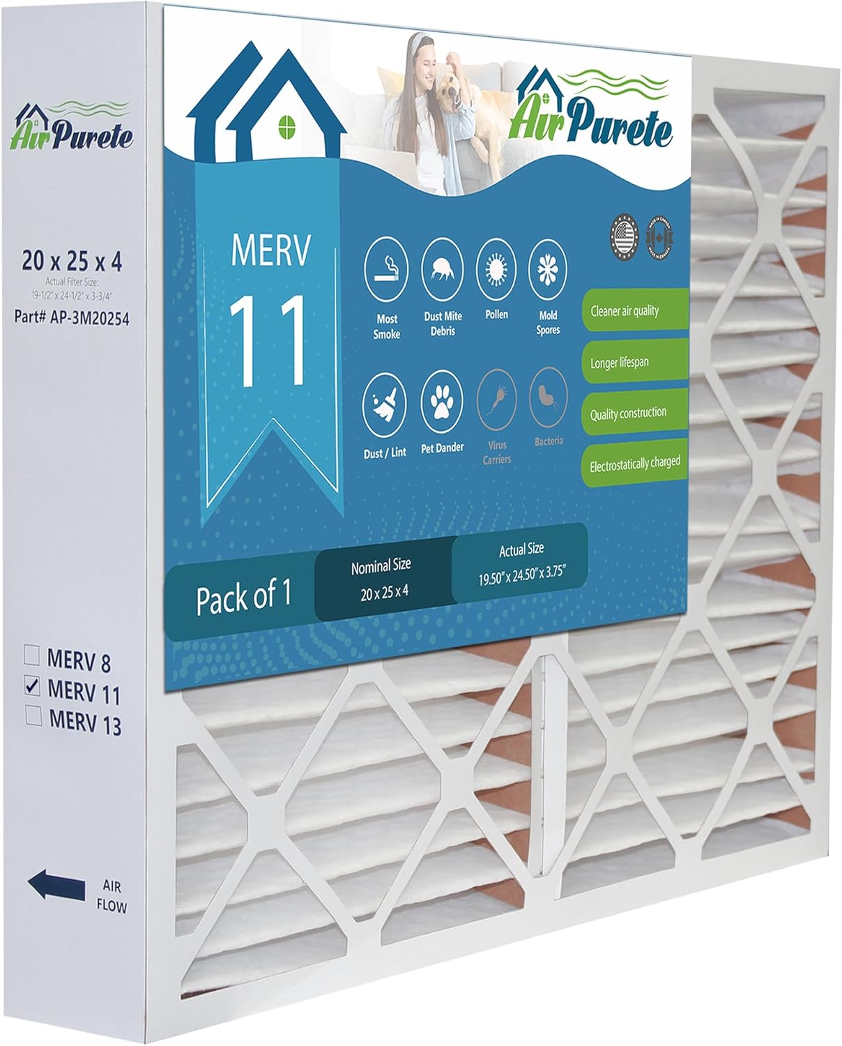 20X25X4 Furnace Filter | AirPurete AP-3M20254 | Actual Size: 19.50 x 24.50 x 3.75 (19 1/2 x 24 1/2 x 3 3/4) | MERV 11 | Pack of 1