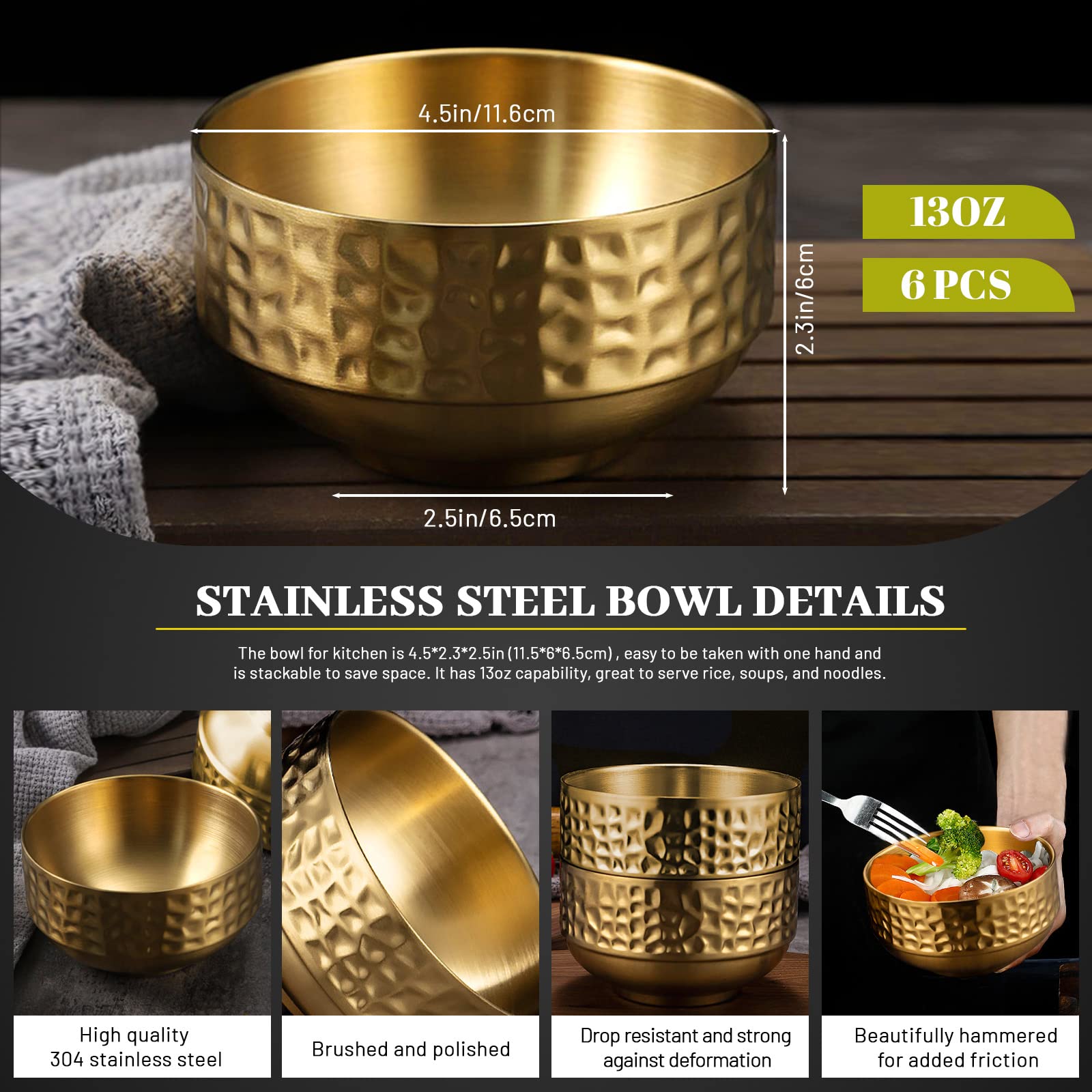 6 Pcs 4.5 In Gold 304 Stainless Steel Bowls Small, 13Oz Double Walled Soup Bowls, Thick Non Slip Appetizer Snack, Small Metal Serving for Sauces, Rice, Noodles, Ice Cream, Oat (6 pcs)