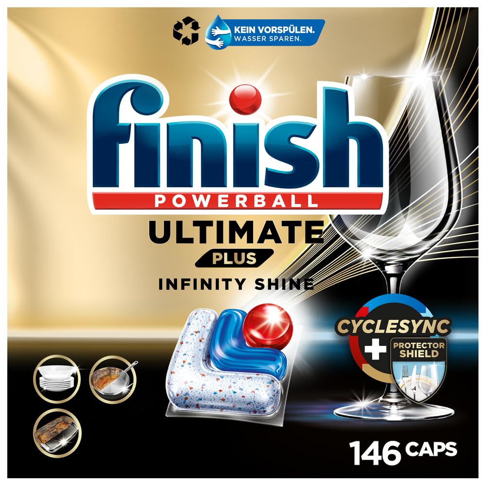 Finish Ultimate Plus Infinity Shine Spülmaschinentabs, Geschirrspültabs für intensive Reinigung, Fettlösekraft und Glanz mit Schutzschild, 2 x 73 Finish Caps