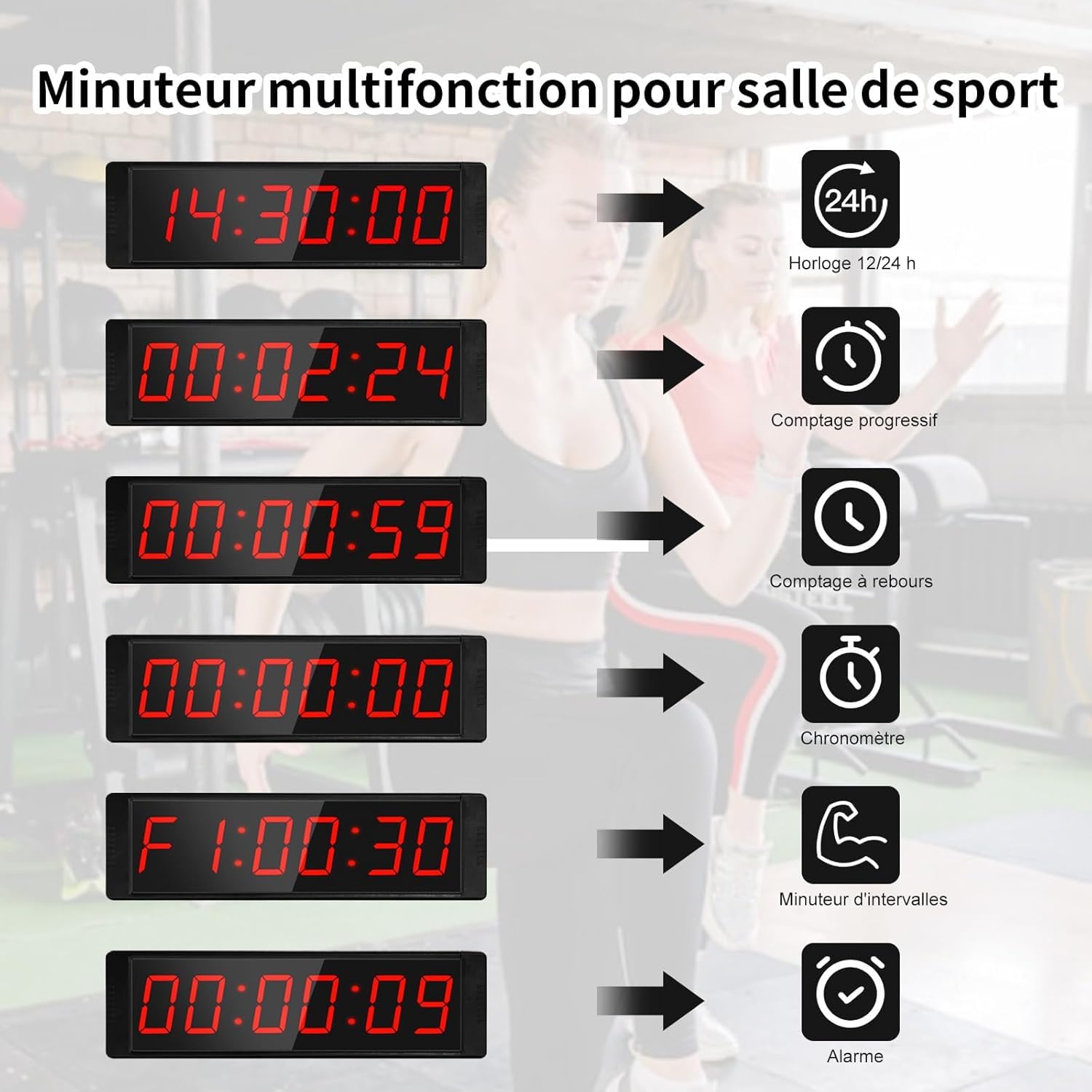 Compte à rebours - Minuteur de gym avec bouton marche/arrêt - Chronomètre numérique portable avec support - Minuterie d'intervalle - Grande horloge LED 12/24 h pour entraînement, sport, maison, gym
