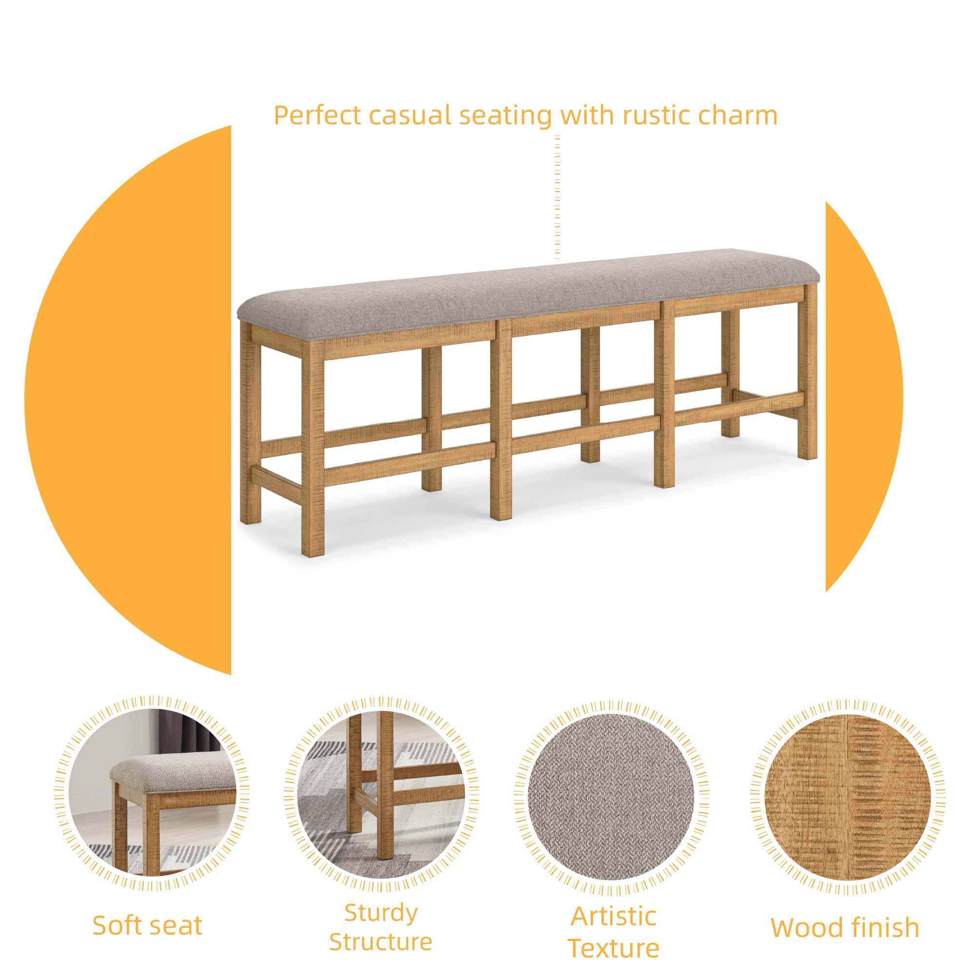 Signature Design by Ashley Havonplane Counter Height Dining Bench, 72" | Plush foam 25.6" seat, Distressed light brown pine wood frame, Seats 3 adults comfortably