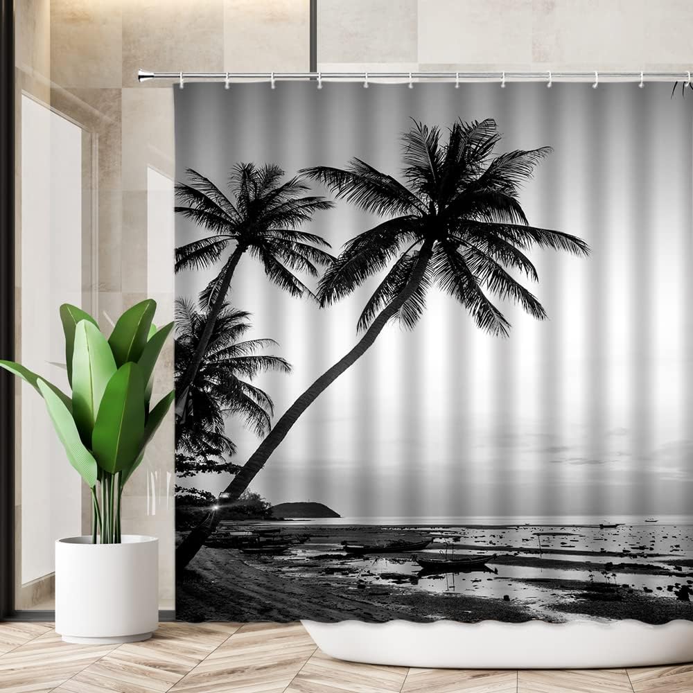 Black and White Palm Tree Shower Curtain Hawaii Beach Landscape Tropical Jungle Rain Forest Plant Tropical Plam Leaves Minimalism Exotic Fabric Bathroom Decor Curtains with Hooks,Black White