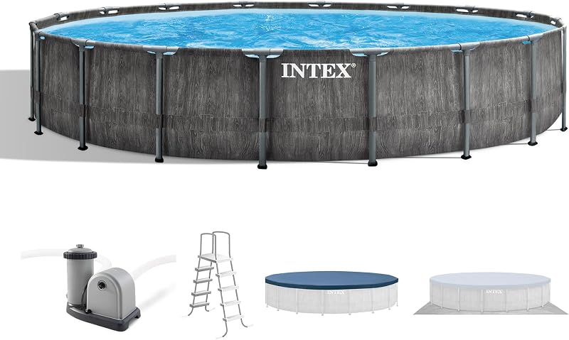 Intex Prism Frame Round Above Ground Outdoor Swimming Pool Set with Filter Pump, Ladder, Ground Cloth, and Pool Cover, Greywood
