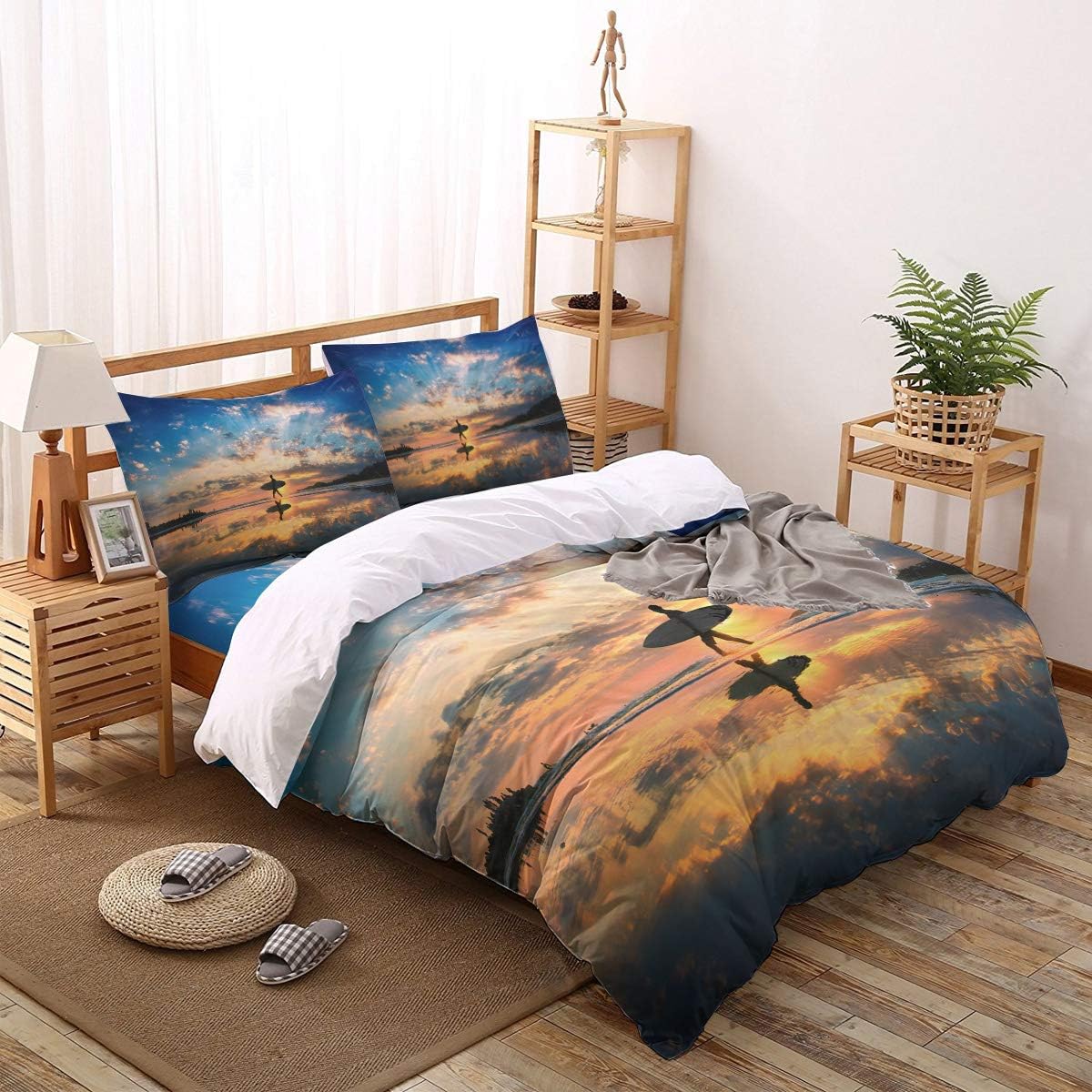 🔥 Duvet Cover Set Printed 4 Pcs Bedding Set King Size Include Duvet Cover, Bed Sheet, Pillow Shams Happy Ocean Live Surfer Under Sunset Soft Quilt Sets for Children/Adults