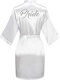 sunshinemall Women's Satin Kimono Robes with Rhinestones Bride Bridesmaid Short Getting Ready Wedding Dressing Gown Bride Small-Medium White