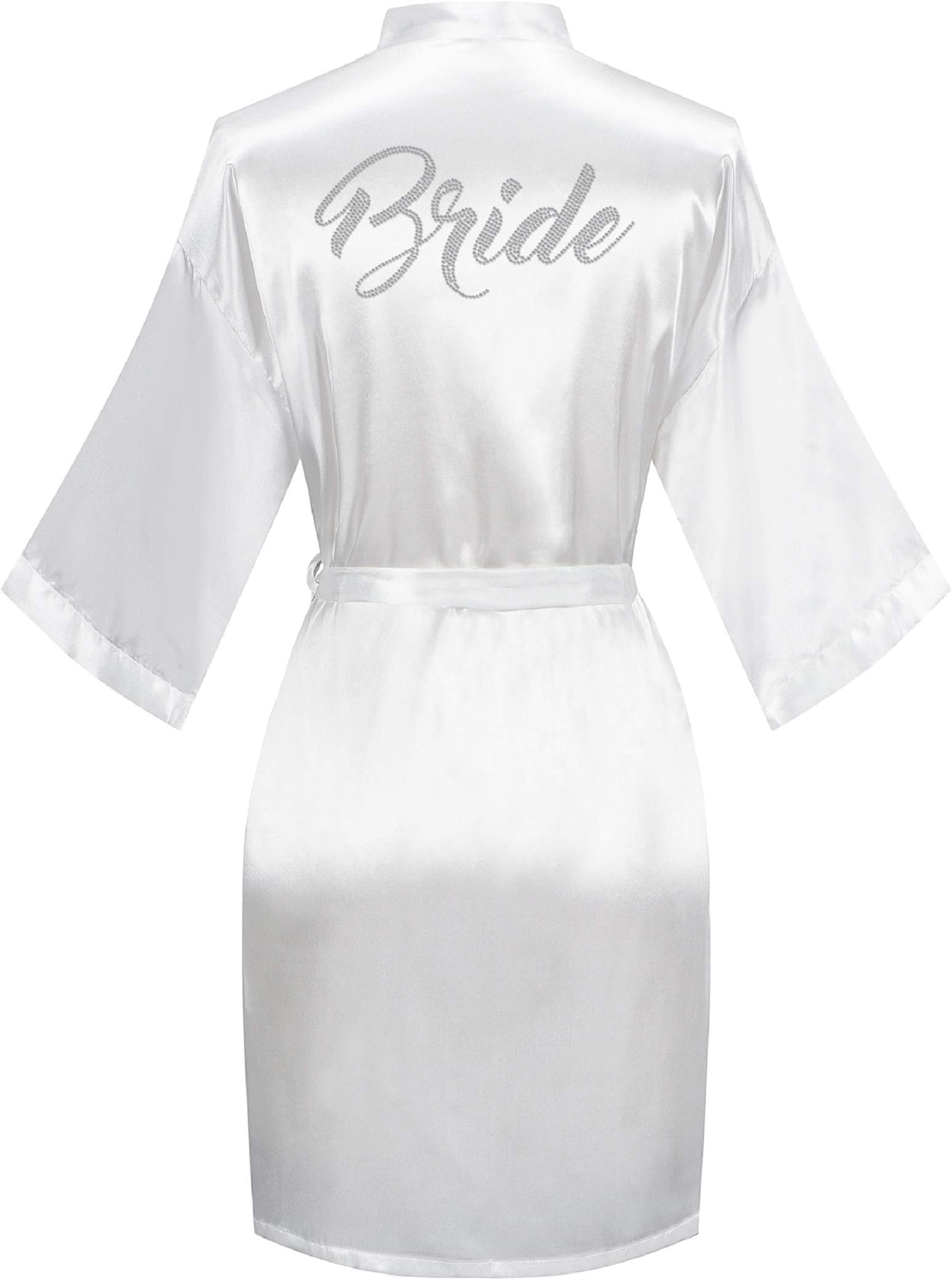 Women's Satin Kimono Robes with Rhinestones Bride Bridesmaid Short Getting Ready Wedding Dressing Gown