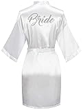 sunshinemall Women's Satin Kimono Robes with Rhinestones Bride Bridesmaid Short Getting Ready Wedding Dressing Gown Bride Small-Medium White