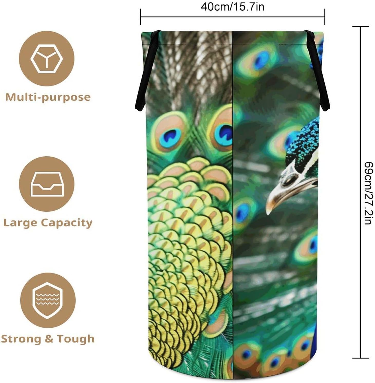 Beautiful Peacock Large Laundry Basket Waterproof Collapsible Laundry Hamper Clothes Storage Basket Toys Bin for Bathroom Bedroom Home Decor