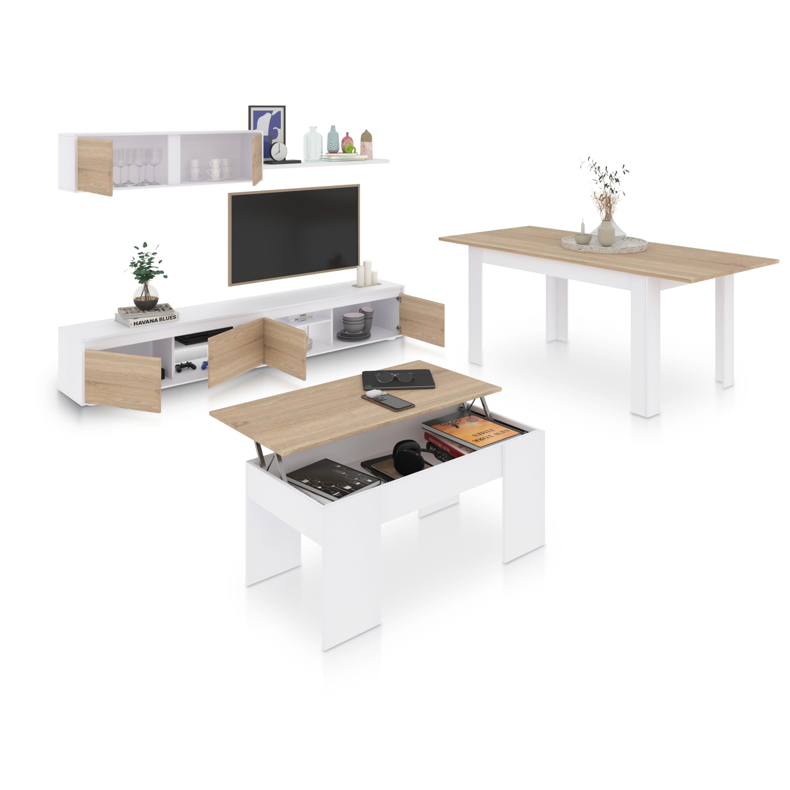 duehome | Pack de Salon con Modulo TV + Mesa de Centro Elevable y Mesa de Comedor, Conjunto de Salon, Modelo Arlet MAX V2B, Acabado en Blanco Artik y Roble Canadian