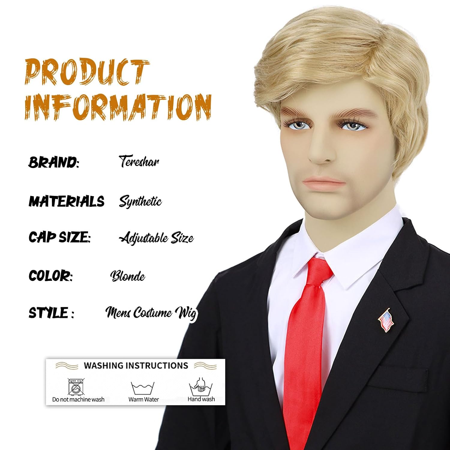 4pcs Set- Blonde Costume Wig+ Flag Pin+ Red Tie+ Wig Cap for Mens Short Layered Heat Resistant Synthetic Pixie Wigs Famous People Cosplay Wigs For Party Halloween or Fun