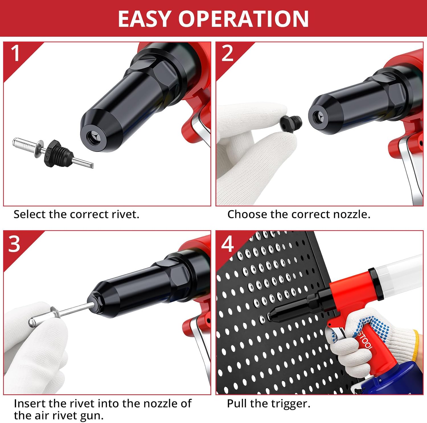 JUSTOOL 3097 LBF Heavy Duty Pneumatic Rivet Gun, Air Rivet Gun 4 Nosepieces 3/32", 1/8", 5/32", 3/16", NPT 1/4 inch Air Riveter Pop Rivet Gun Kit 16mm Maximum Stroke for DIY Automotive Industries