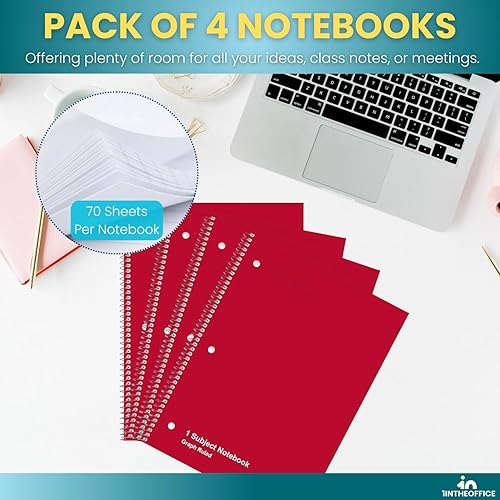 Miniatura 6 de 1InTheOffice Cuaderno de espiral de papel cuadriculado de 8.5 x 11, cuaderno a rayas gráficas de 5 cuadrados por pulgada, rojo, 70 hojas, 8 x 10.5